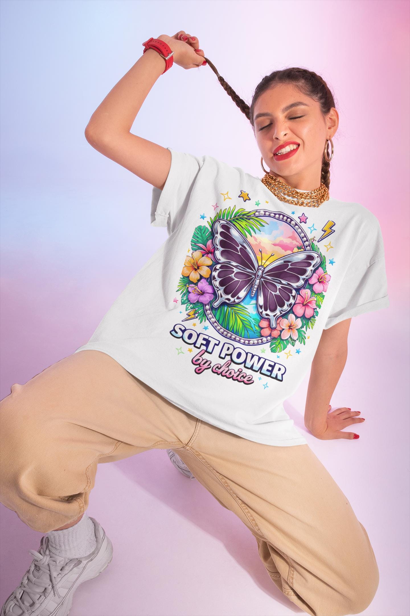 Soft Power butterfly floral graphic T-shirt | pastel sunset, tropical flowers
