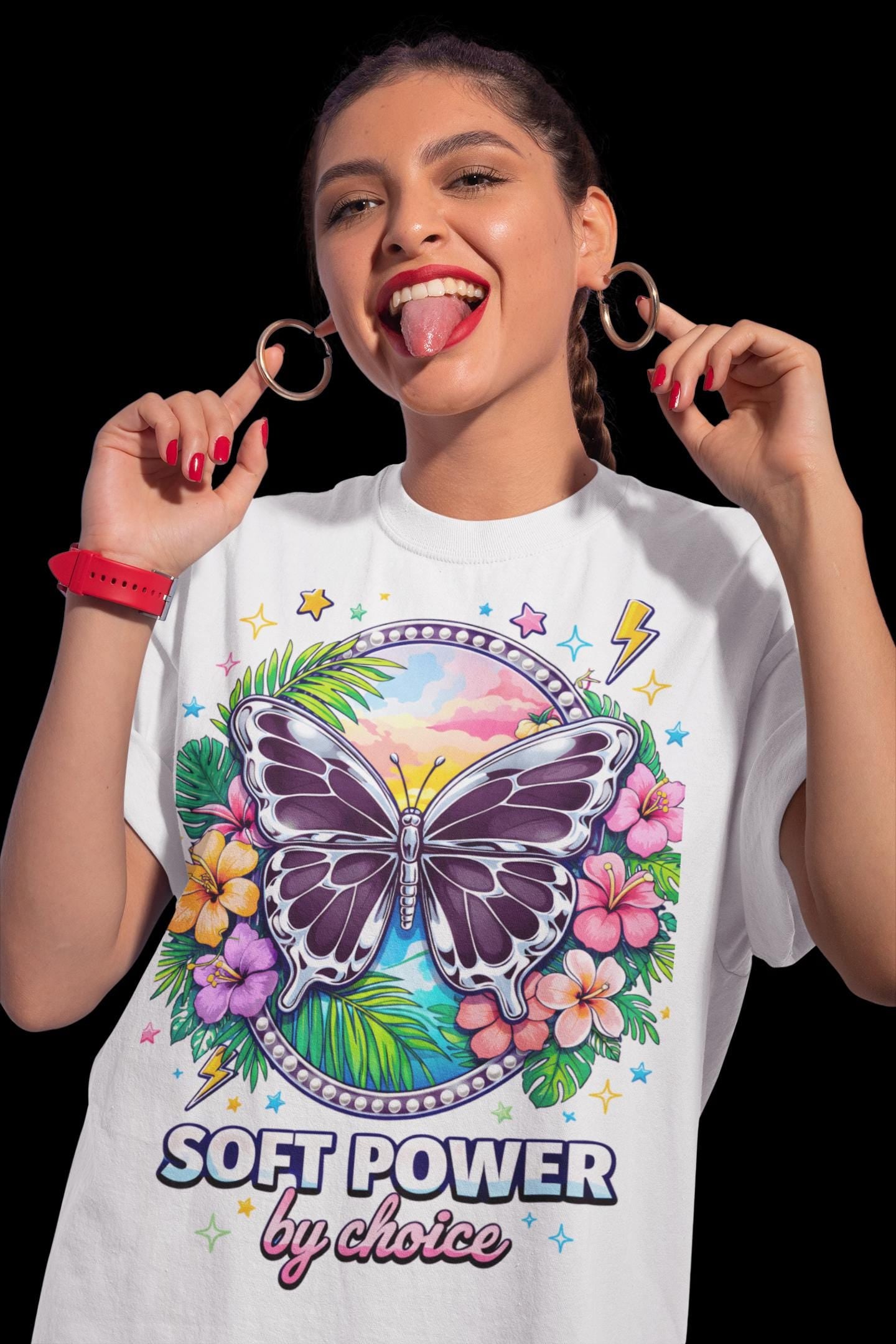 Soft Power butterfly floral graphic T-shirt | pastel sunset, tropical flowers