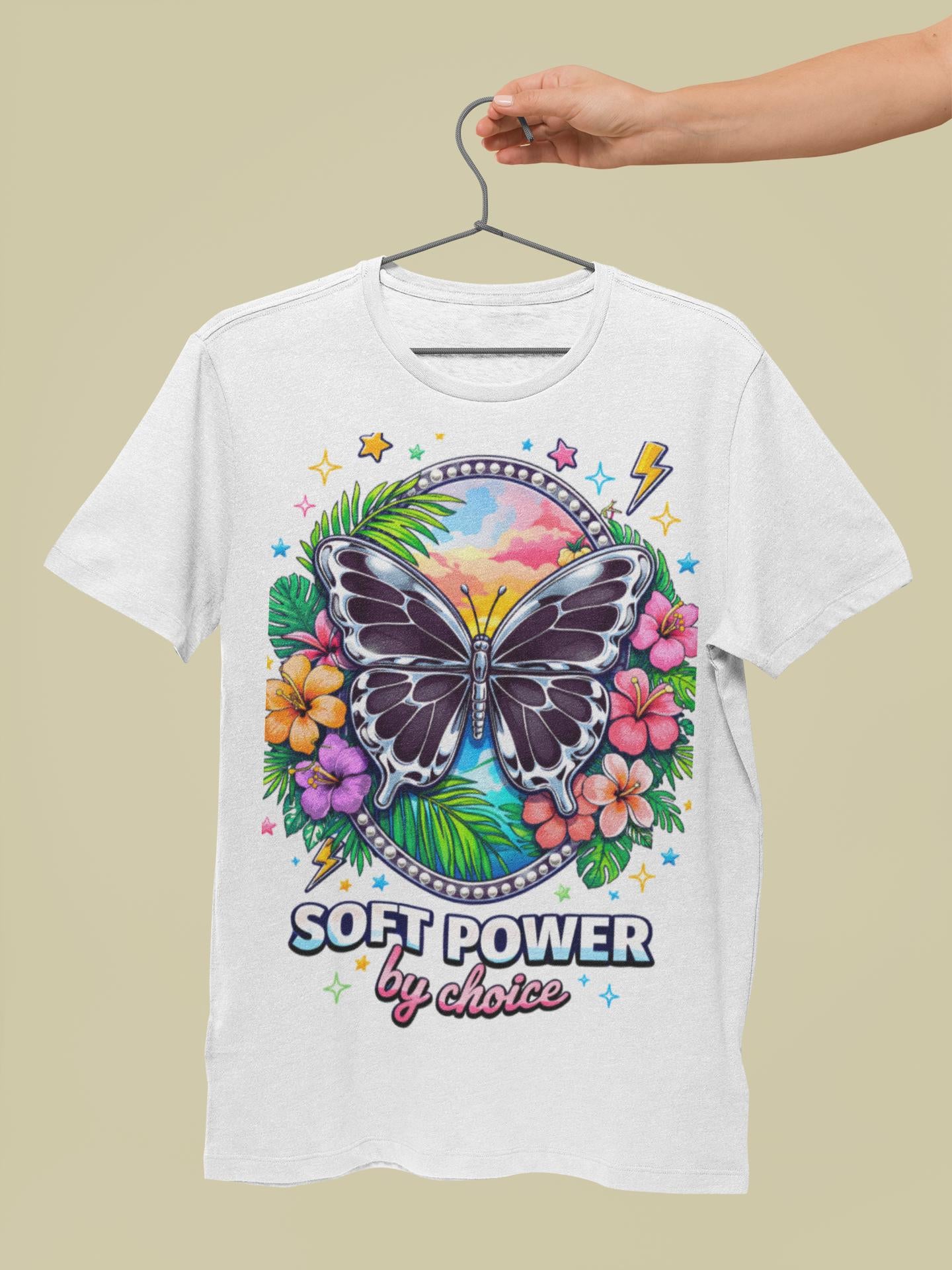 Soft Power butterfly floral graphic T-shirt | pastel sunset, tropical flowers