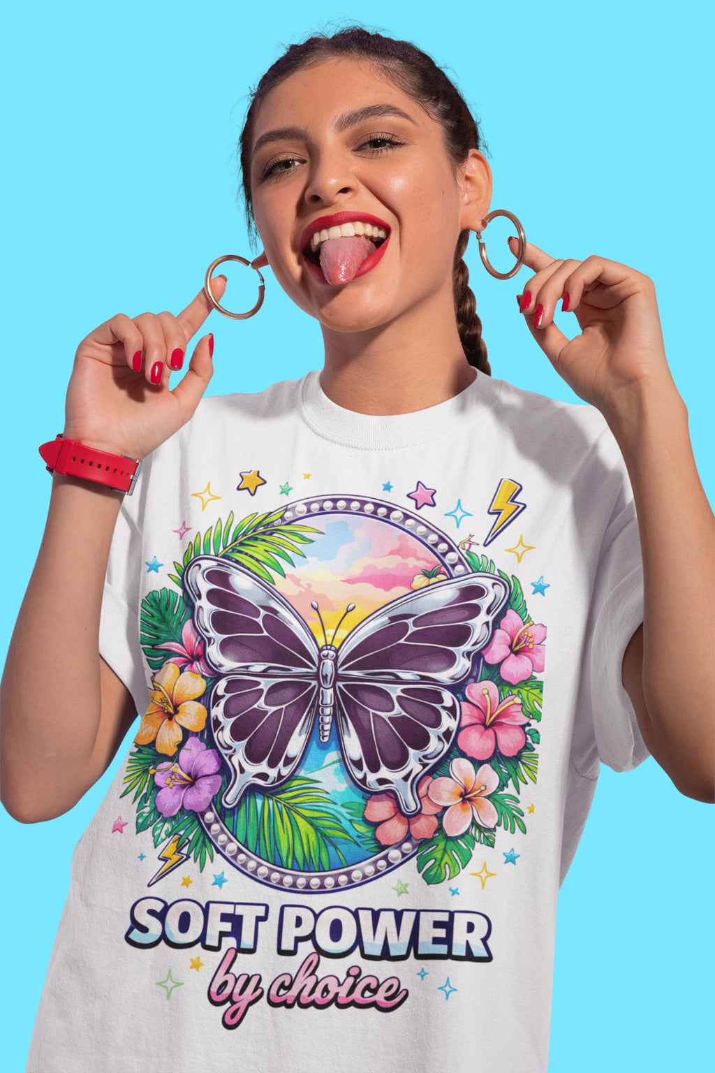 Soft Power butterfly floral graphic T-shirt | pastel sunset, tropical flowers