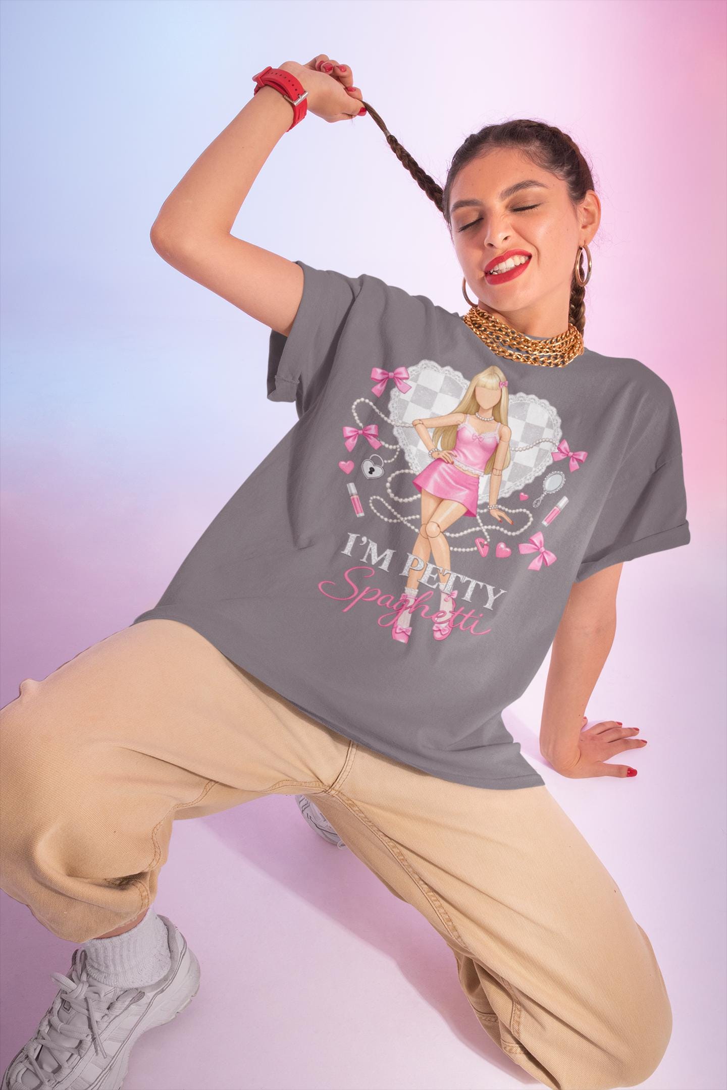 Im Pretty Spaghetti Barbie Doll Graphic T-Shirt | Pink Fashion Illustration