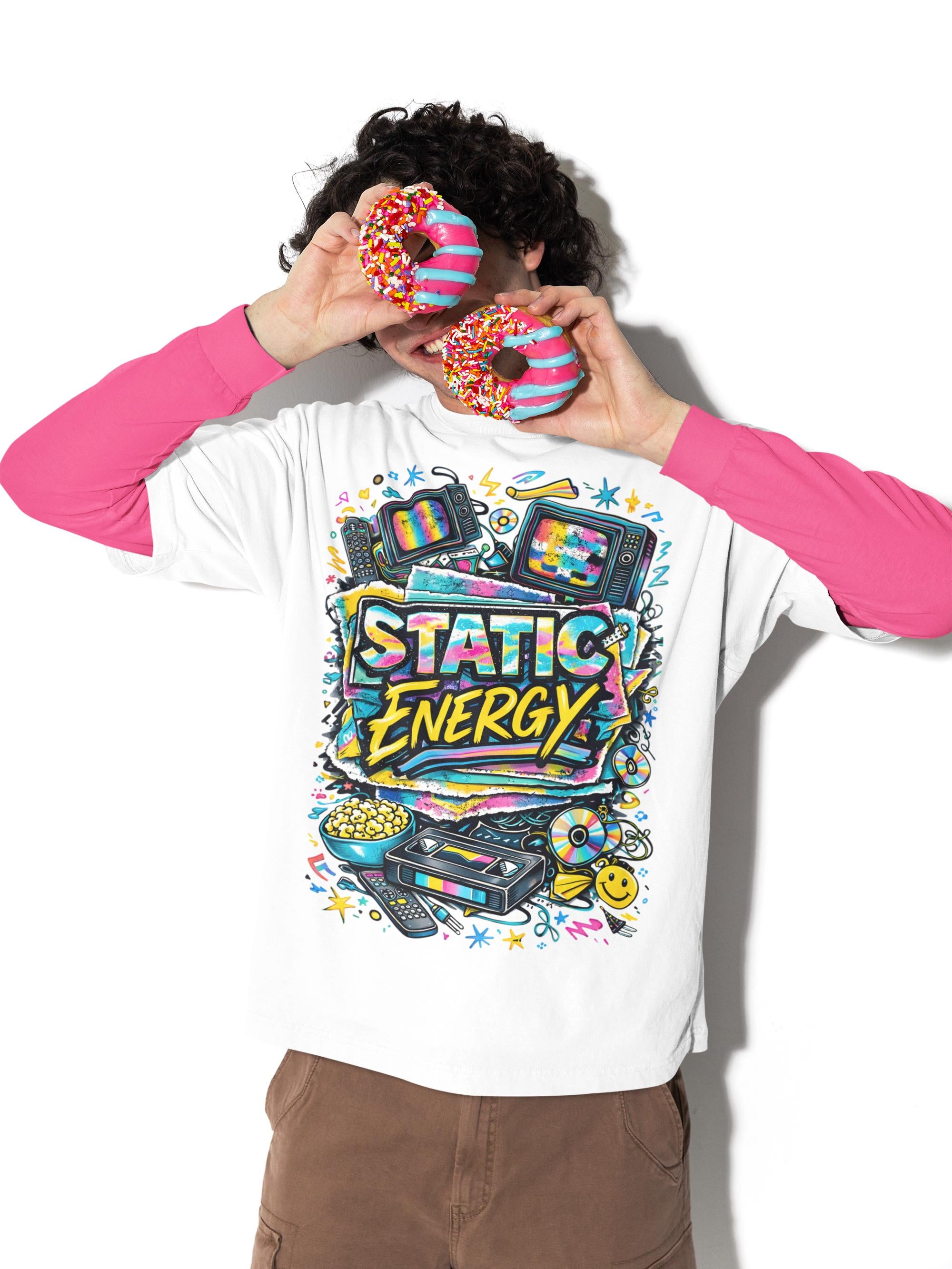 Static Energy graphic tee | Retro TV, VHS, cassette, colorful 90s design