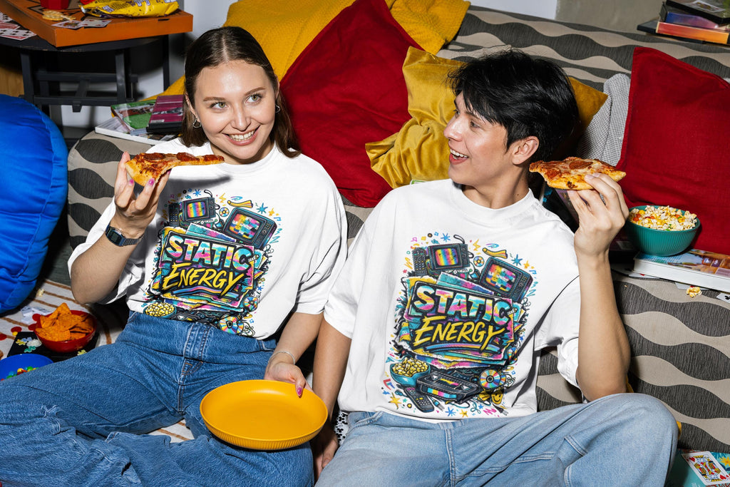 Static Energy graphic tee | Retro TV, VHS, cassette, colorful 90s design