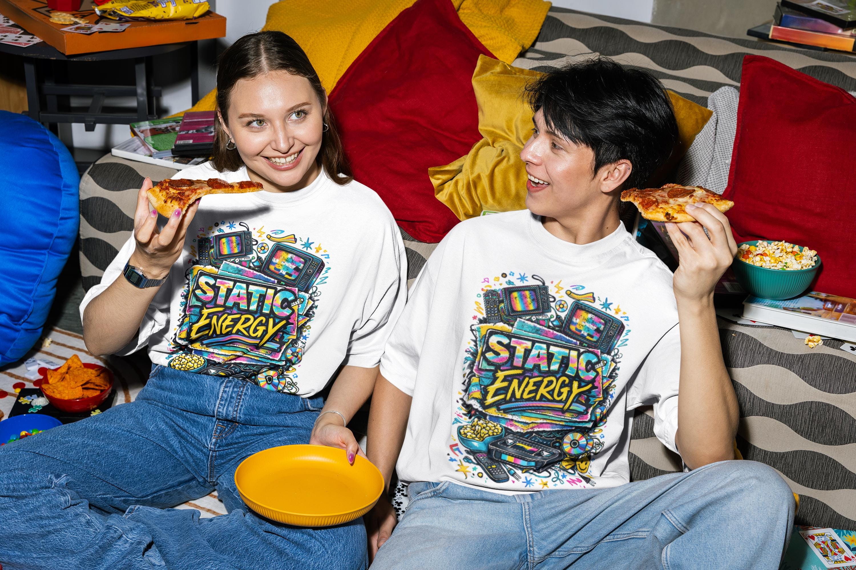 Static Energy graphic tee | Retro TV, VHS, cassette, colorful 90s design