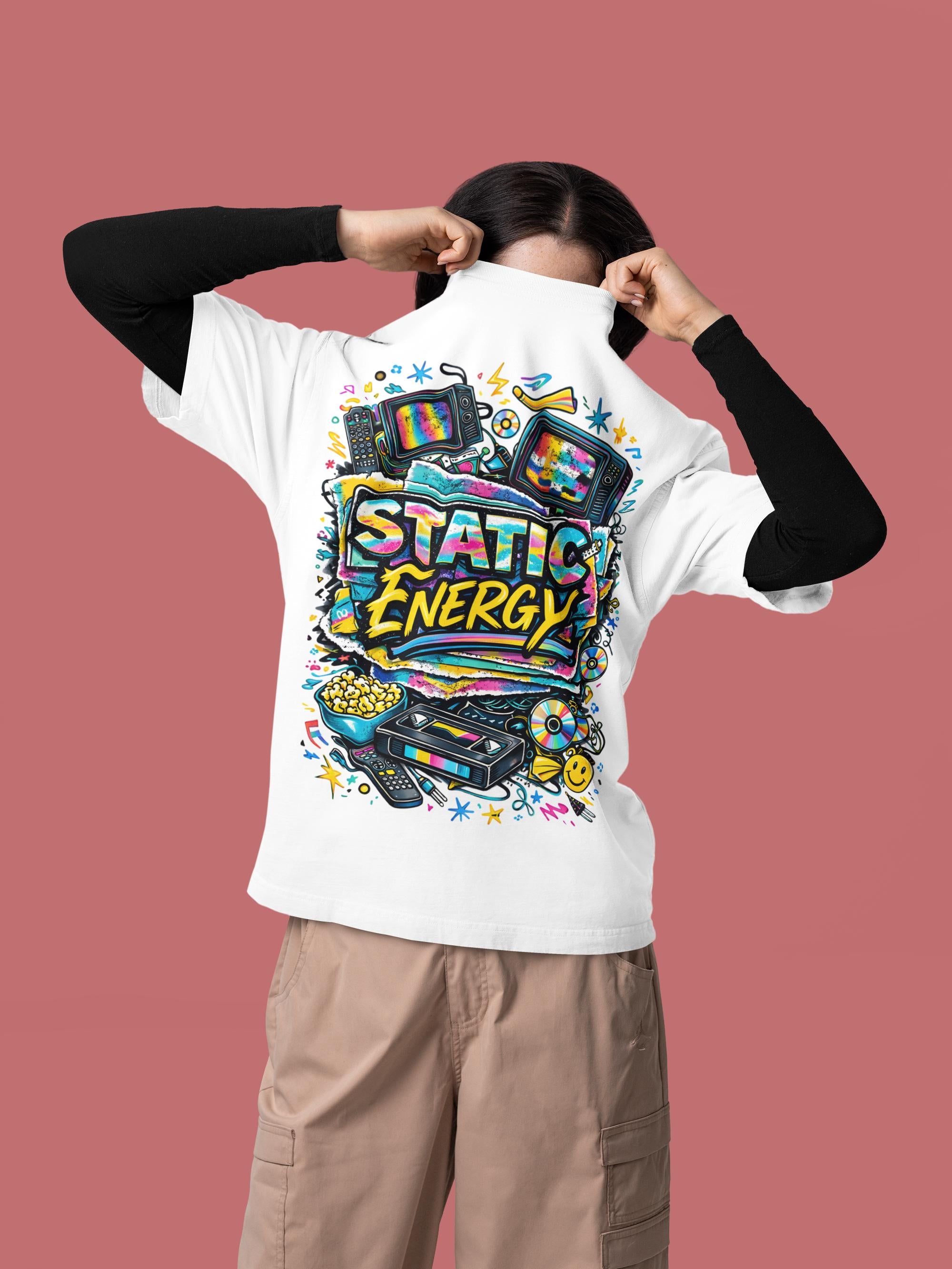 Static Energy graphic tee | Retro TV, VHS, cassette, colorful 90s design