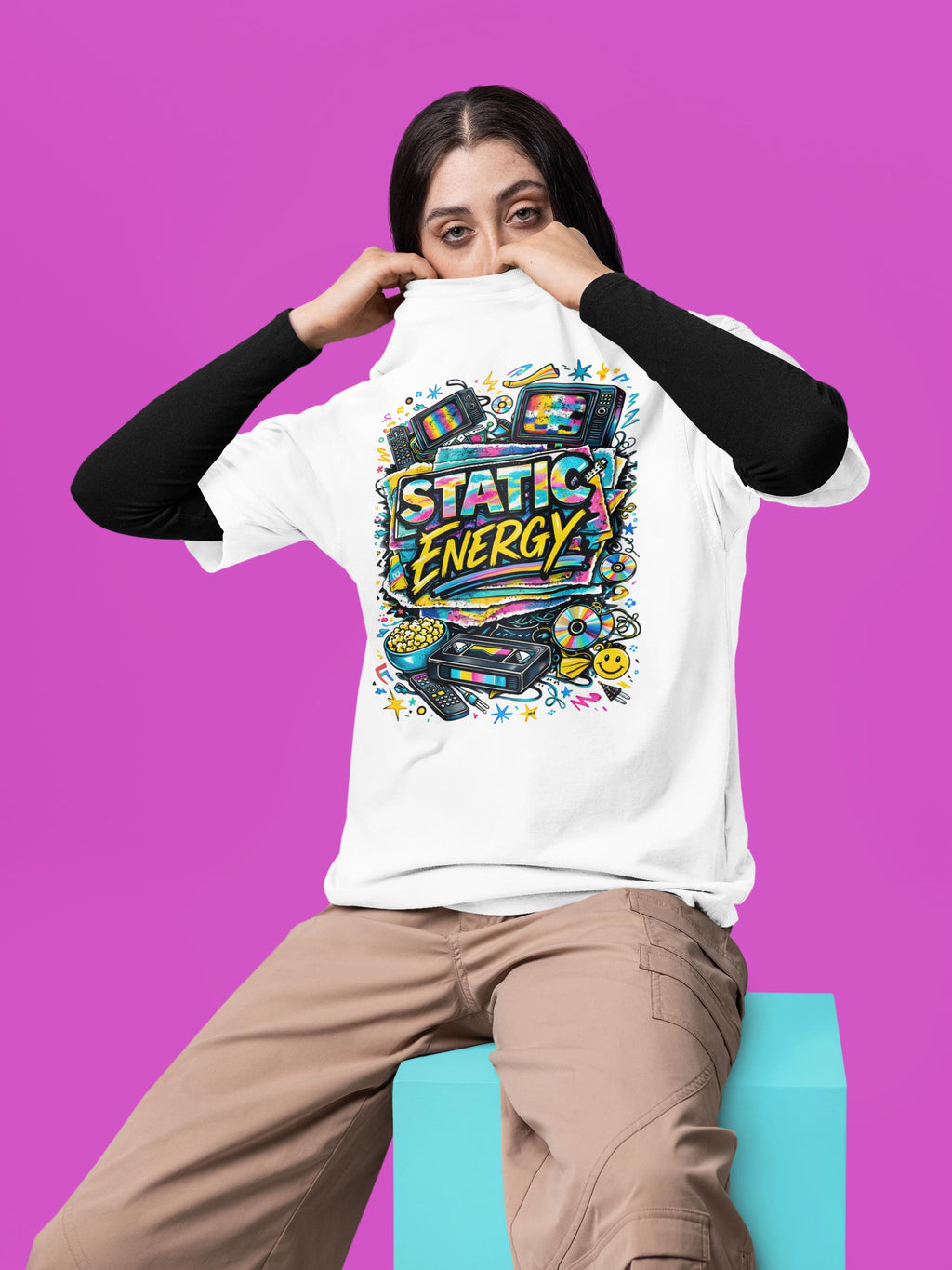 Static Energy graphic tee | Retro TV, VHS, cassette, colorful 90s design