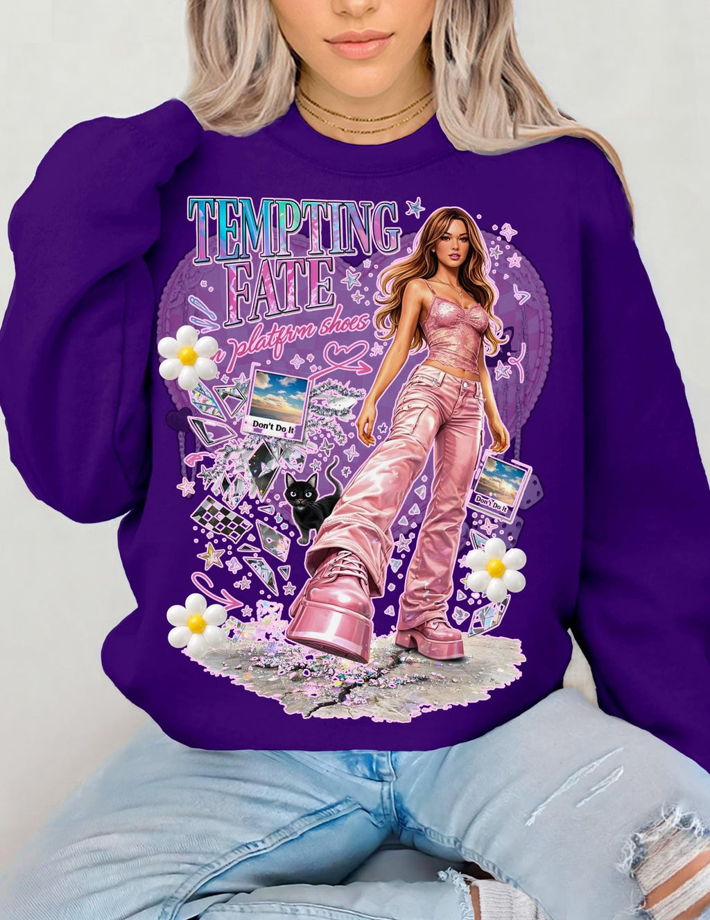 Y2K Pop Girl Platform Shoes Tempting Fate Crewneck Sweatshirt Retro Alt Streetwear