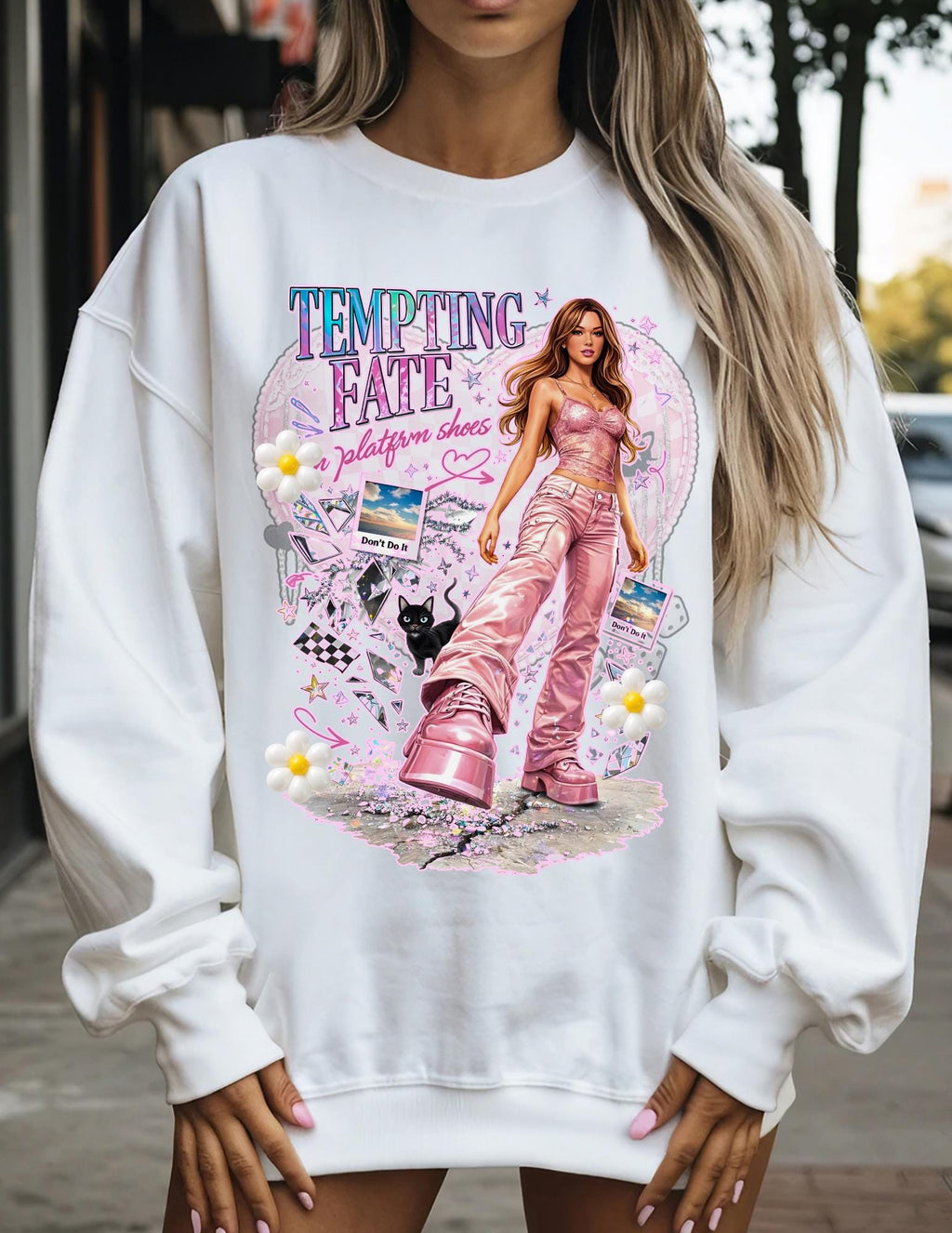 Y2K Pop Girl Platform Shoes Tempting Fate Crewneck Sweatshirt Retro Alt Streetwear