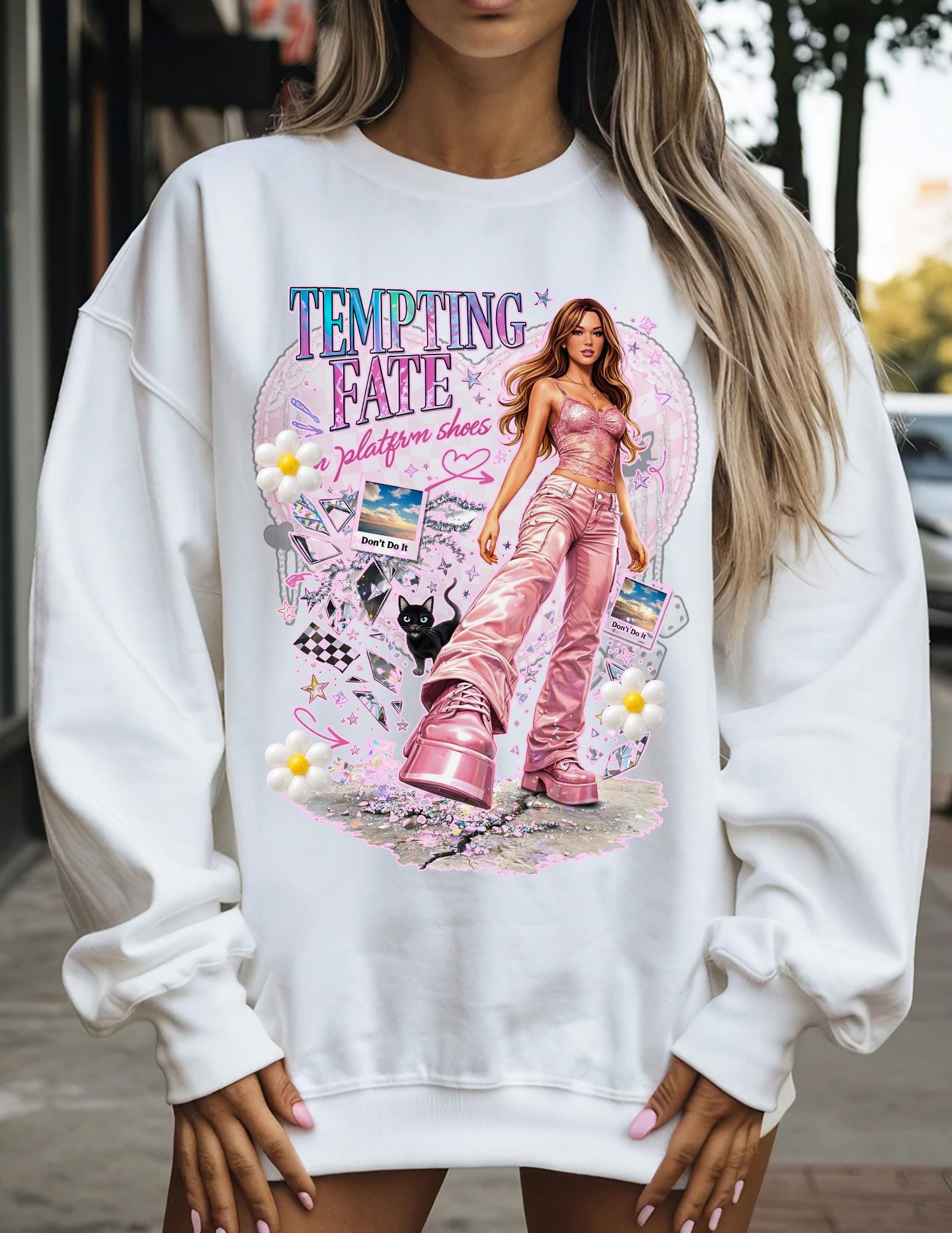 Y2K Pop Girl Platform Shoes Tempting Fate Crewneck Sweatshirt Retro Alt Streetwear