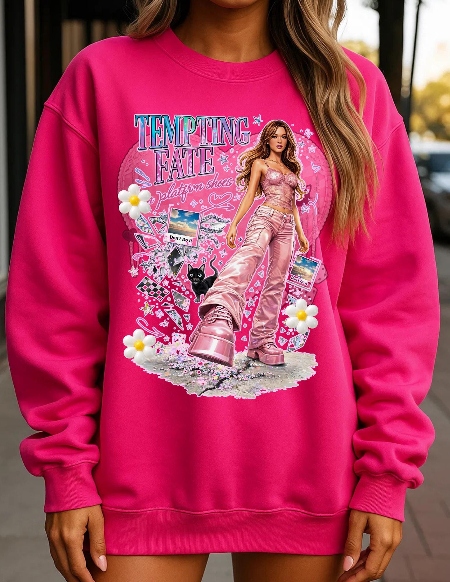 Y2K Pop Girl Platform Shoes Tempting Fate Crewneck Sweatshirt Retro Alt Streetwear
