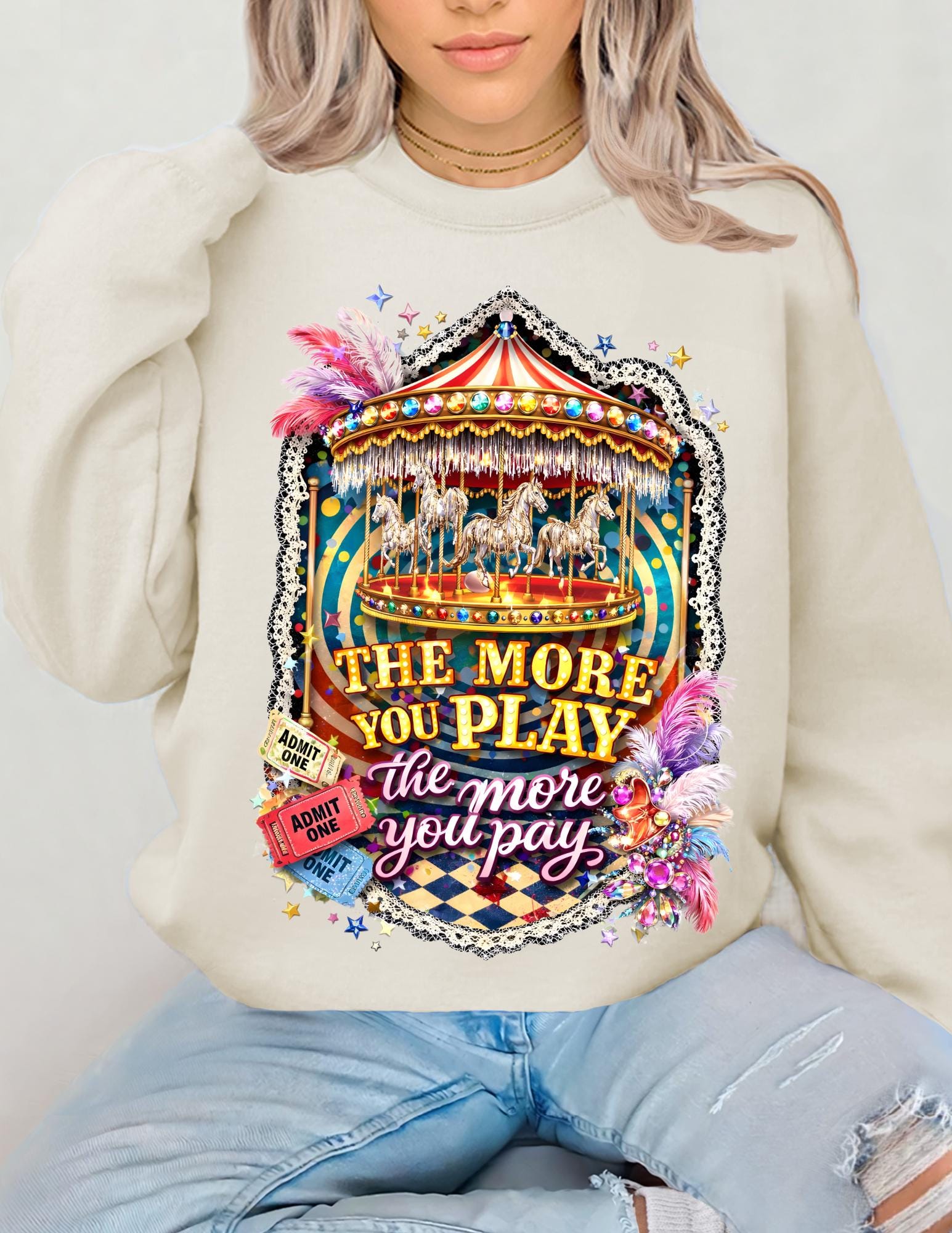 Funhouse Showgirl Crewneck Sweatshirt – Burlesque Graphic Top
