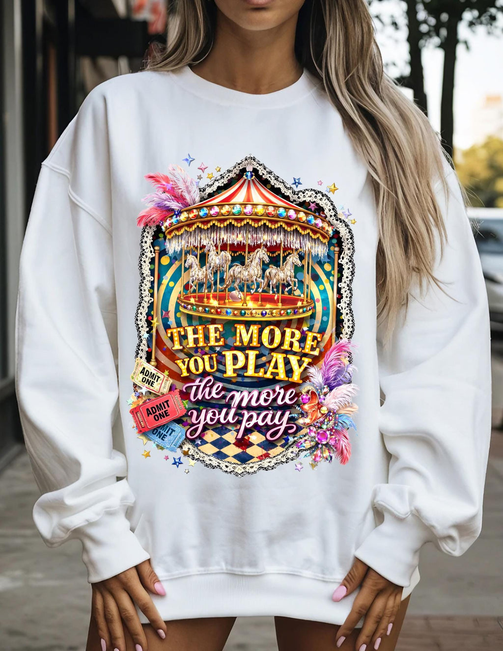 Funhouse Showgirl Crewneck Sweatshirt – Burlesque Graphic Top