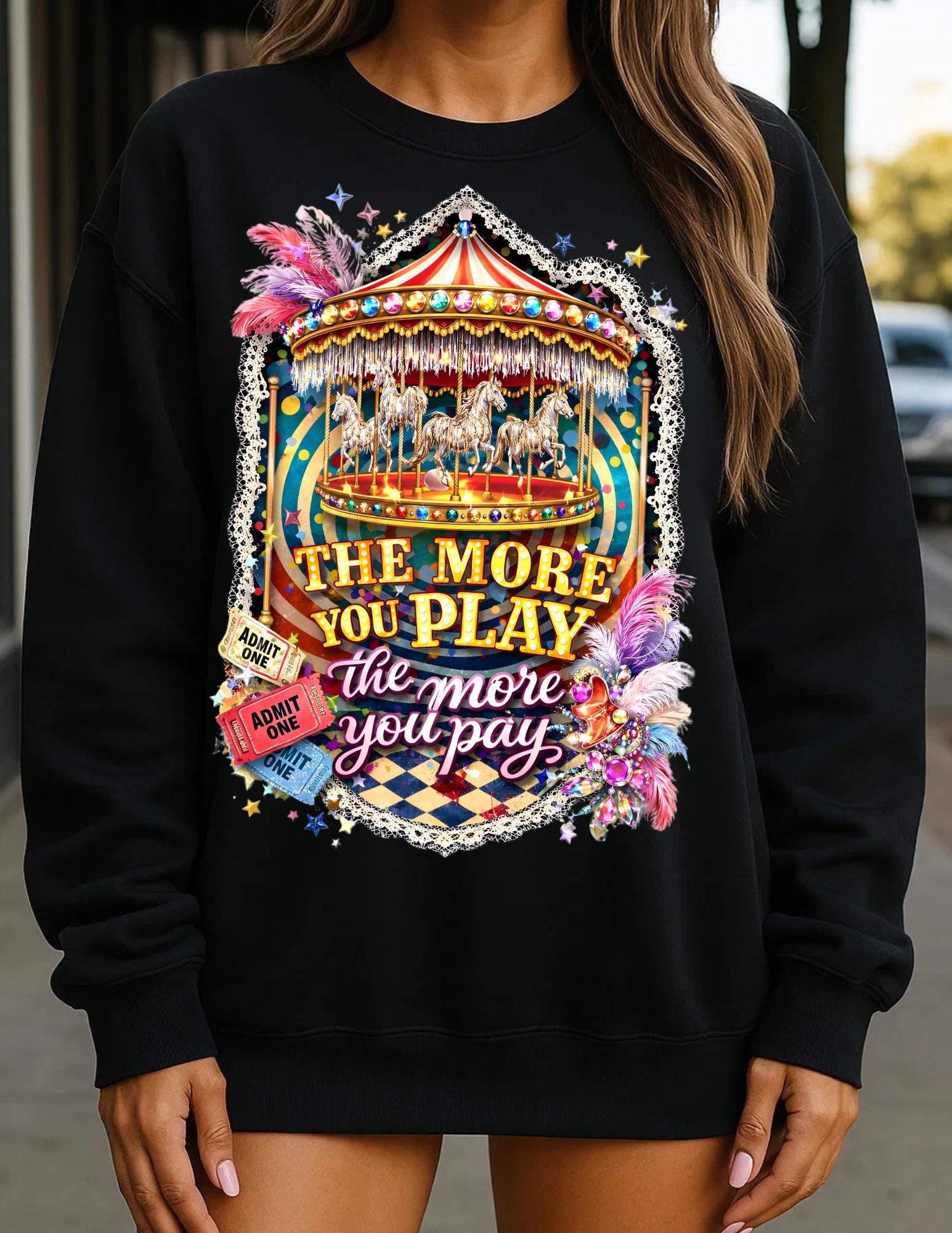 Funhouse Showgirl Crewneck Sweatshirt – Burlesque Graphic Top