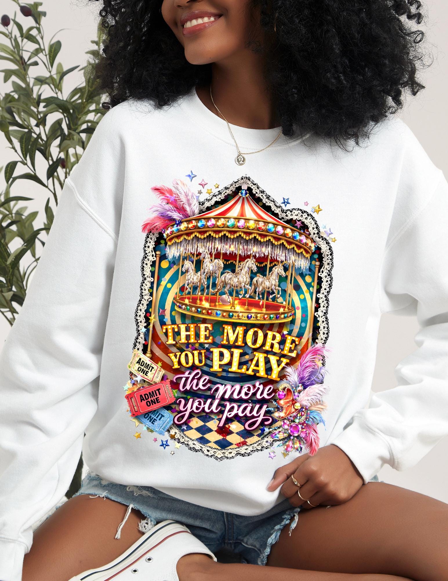 Funhouse Showgirl Crewneck Sweatshirt – Burlesque Graphic Top