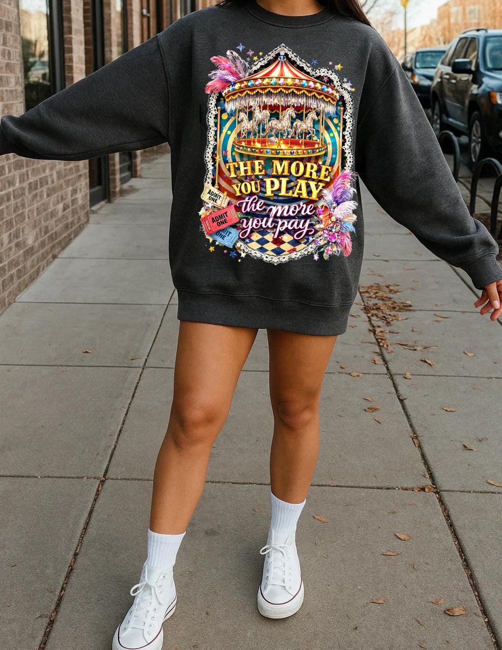 Funhouse Showgirl Crewneck Sweatshirt – Burlesque Graphic Top