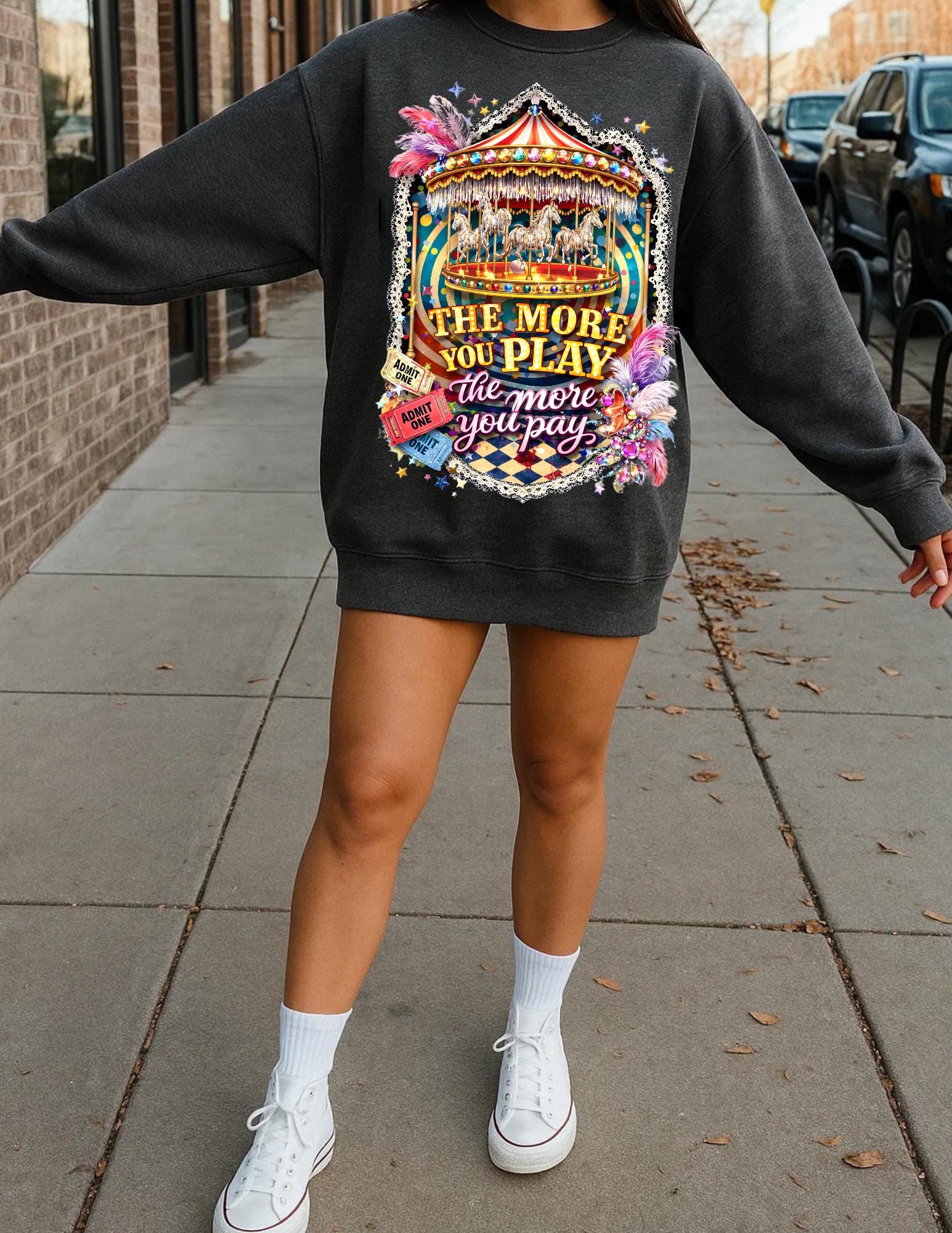 Funhouse Showgirl Crewneck Sweatshirt – Burlesque Graphic Top