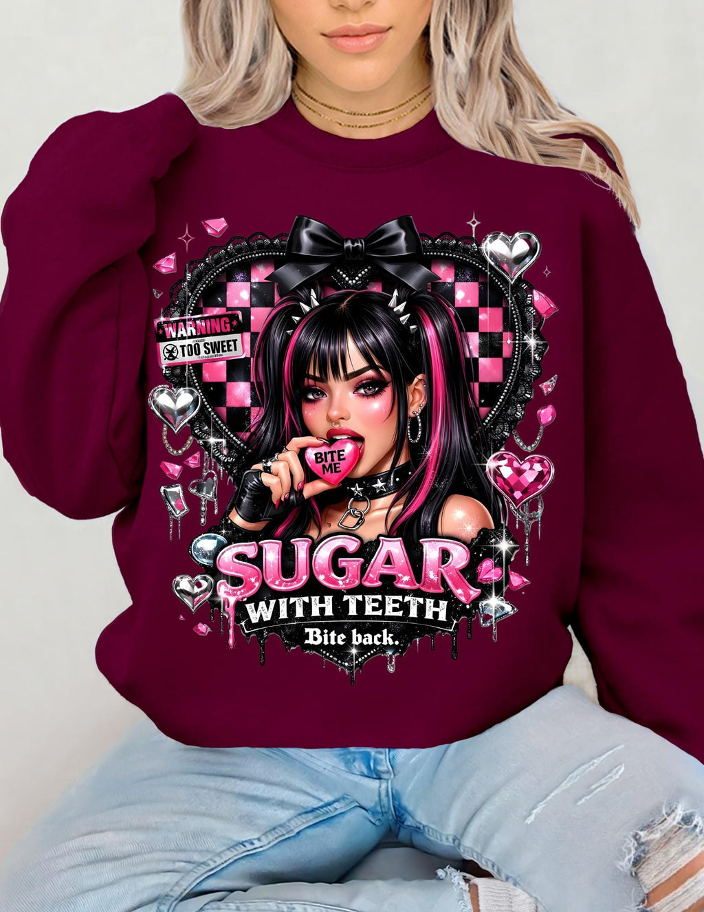 Sugar with Teeth Girl Illustration Sweatshirt Pink Goth Candy Heart Design Kawaii Alternative Fashion