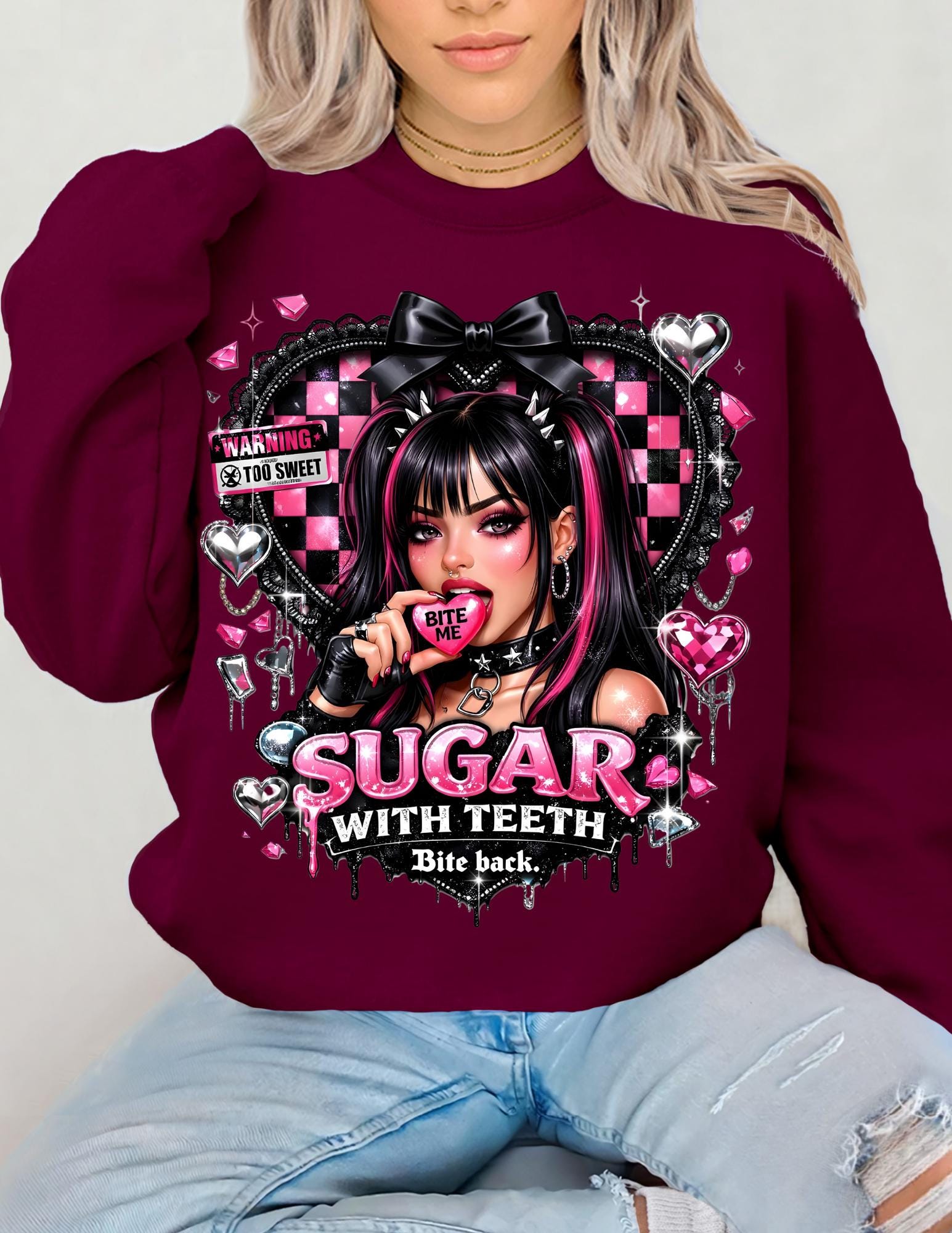 Sugar with Teeth Girl Illustration Sweatshirt Pink Goth Candy Heart Design Kawaii Alternative Fashion