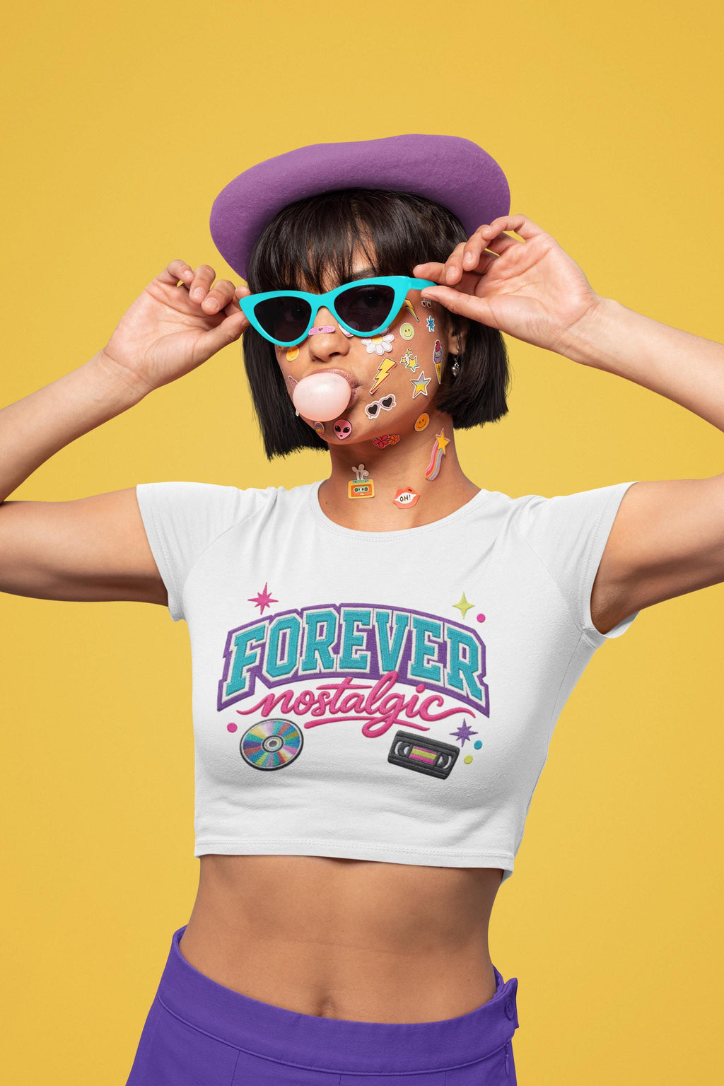 Forever Nostalgic Retro Cassette CD Design Crop Tee