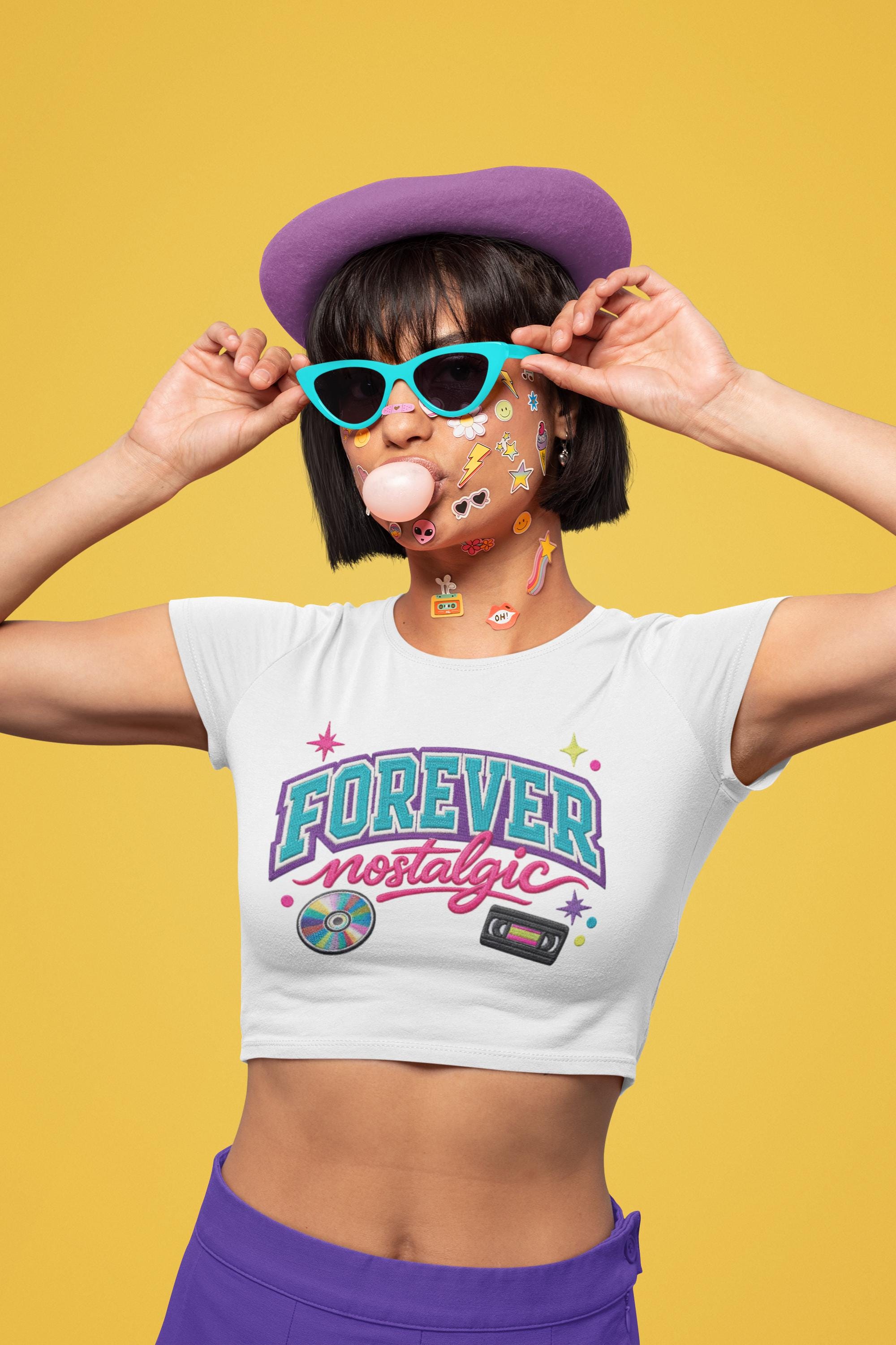 Forever Nostalgic Retro Cassette CD Design Crop Tee