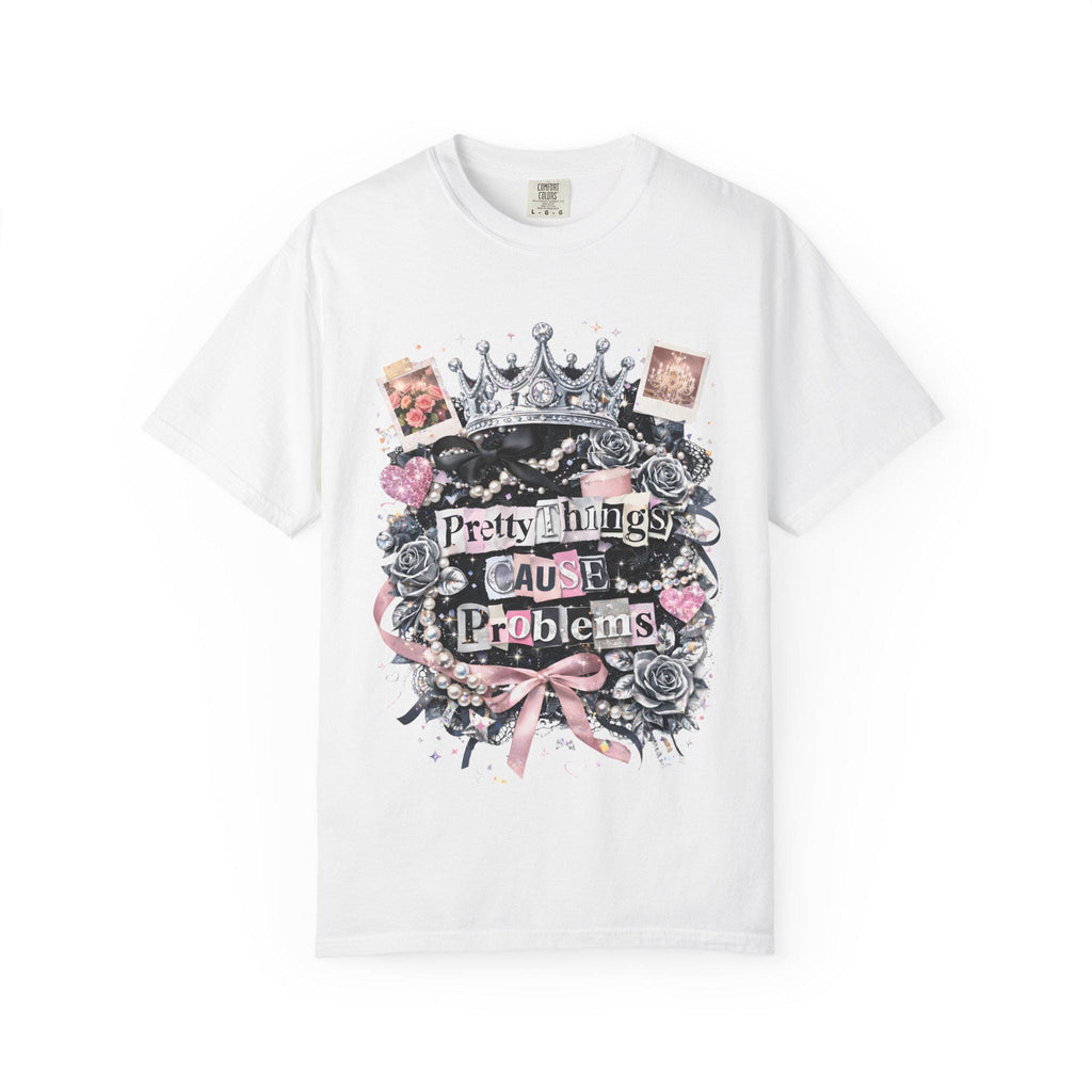 Pretty Things Cause Problems T-shirt | Crown, Roses, Pink Ribbon, Gothic Vintage