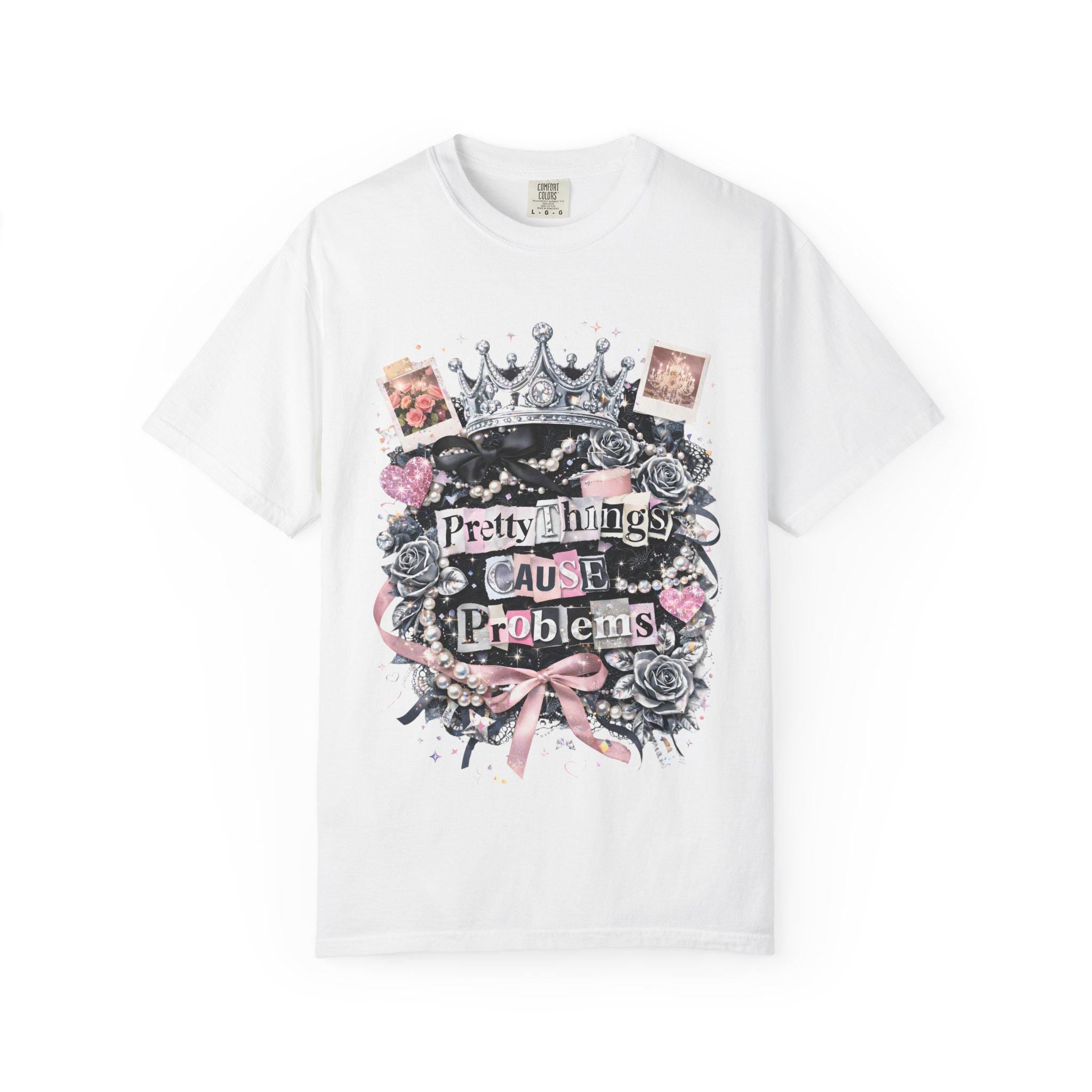 Pretty Things Cause Problems T-shirt | Crown, Roses, Pink Ribbon, Gothic Vintage