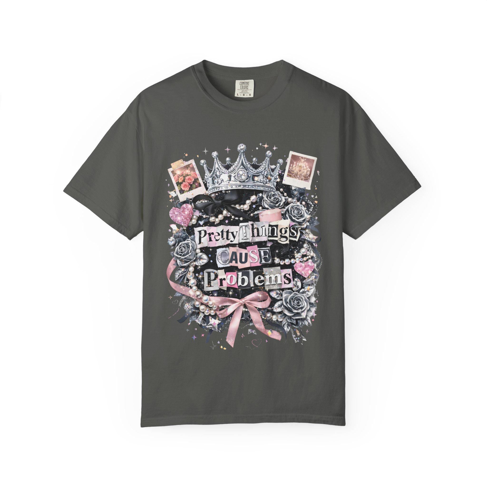 Pretty Things Cause Problems T-shirt | Crown, Roses, Pink Ribbon, Gothic Vintage
