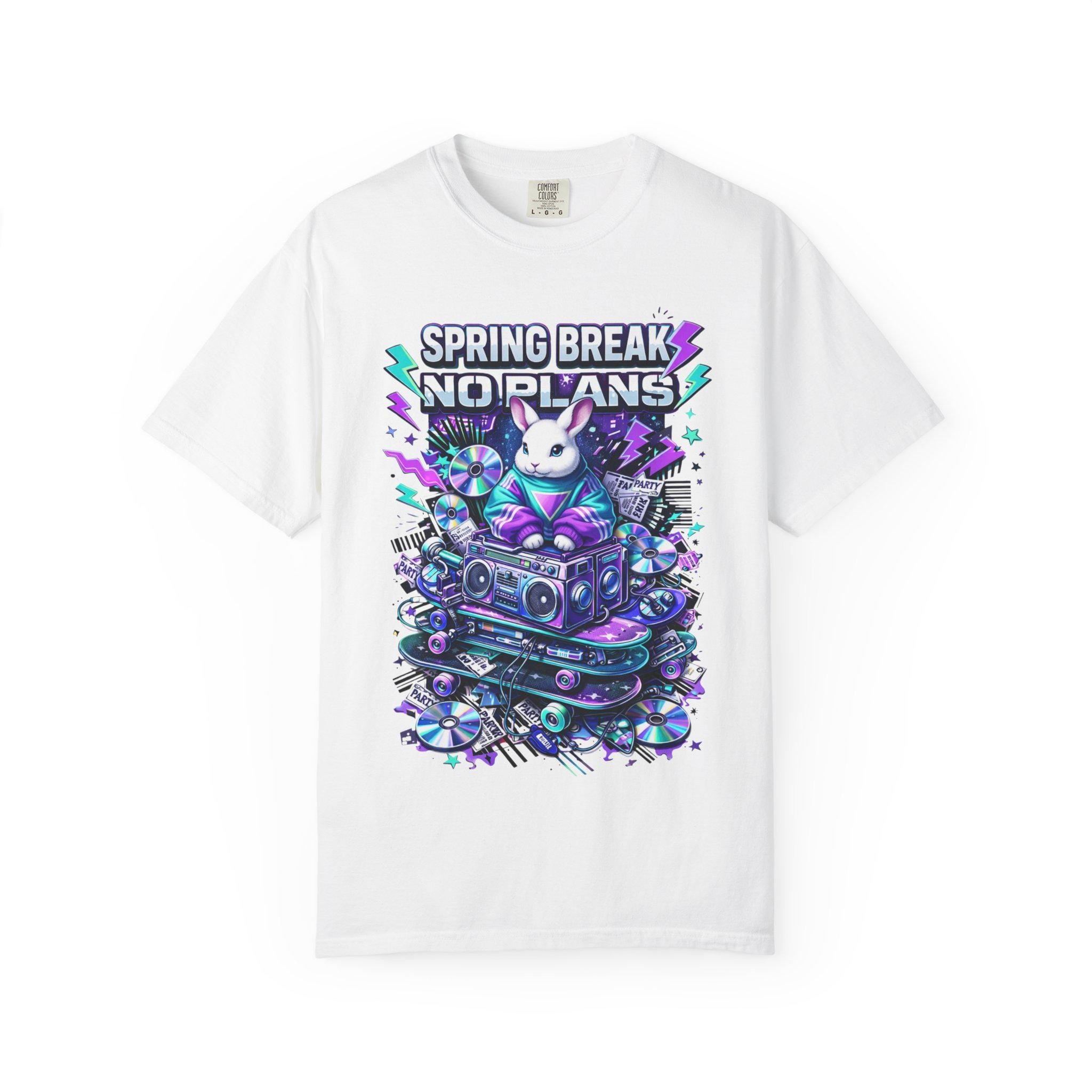 Spring Break No Plans bunny DJ T-shirt | retro cassette boombox party design