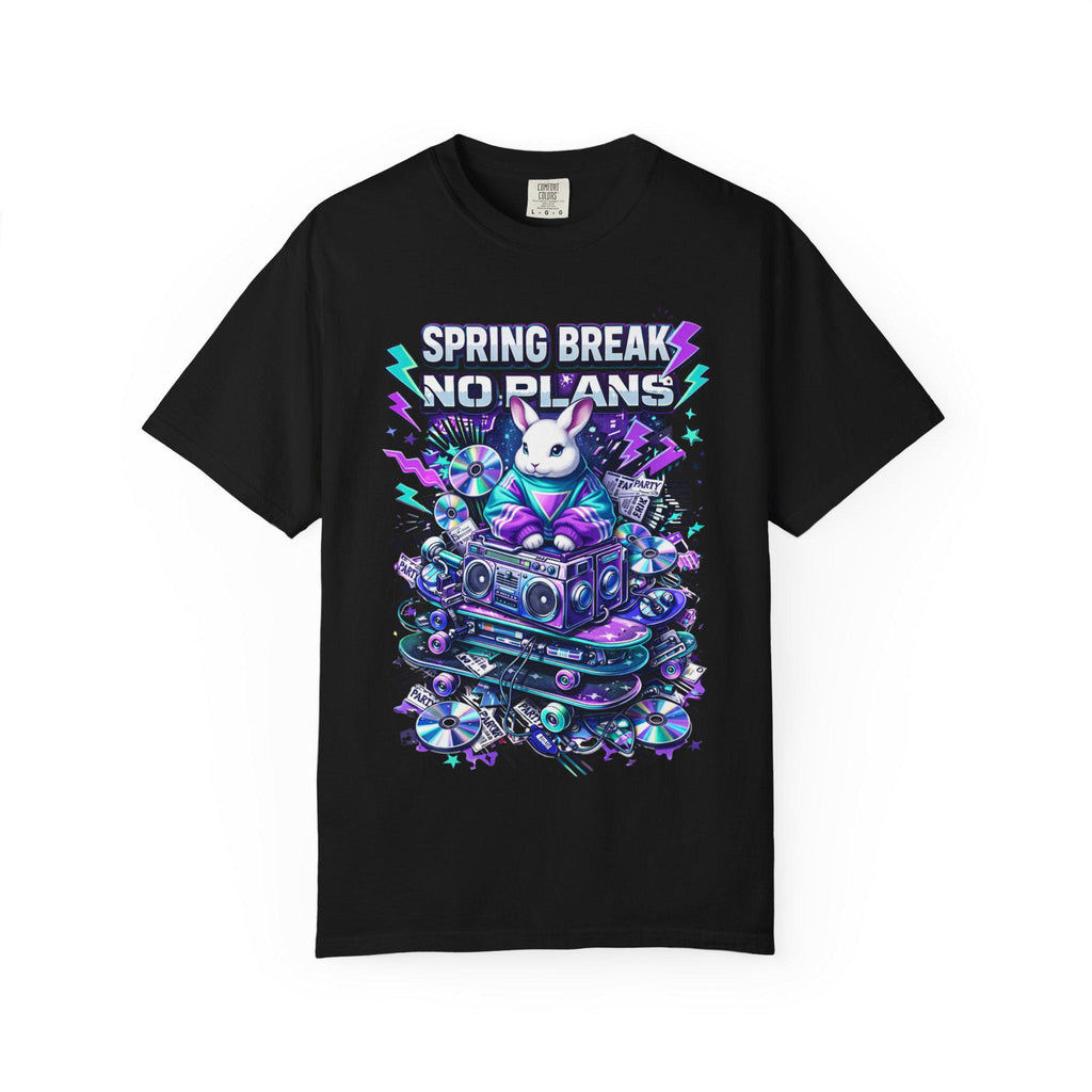 Spring Break No Plans bunny DJ T-shirt | retro cassette boombox party design