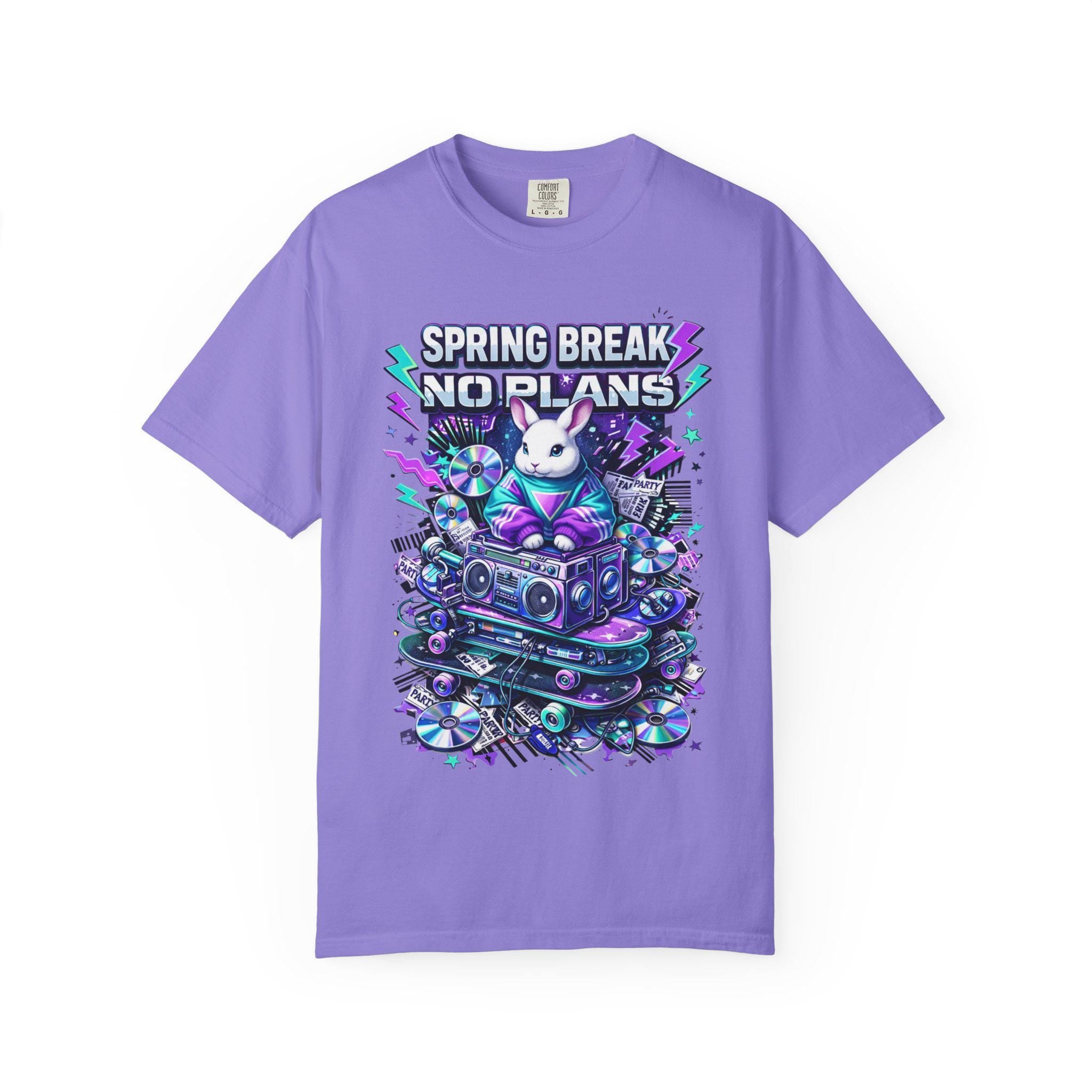 Spring Break No Plans bunny DJ T-shirt | retro cassette boombox party design