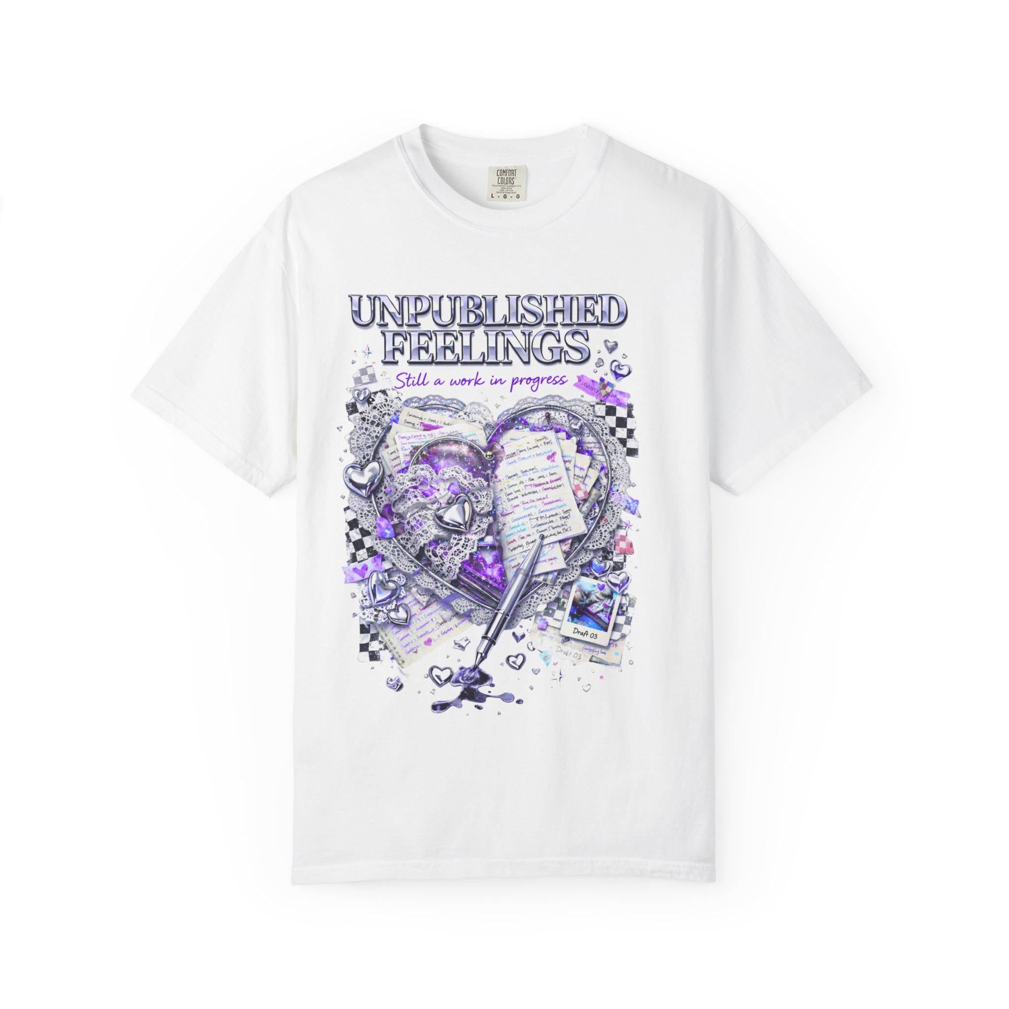 Unpolished Feelings T-shirt | Heart Sketch, Paper Note, Purple Grunge