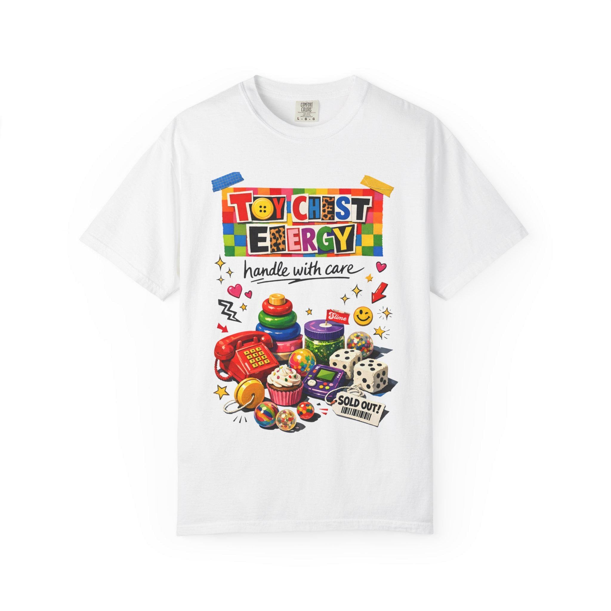 Toy Chest Energy T-shirt | colorful vintage toy stack graphic