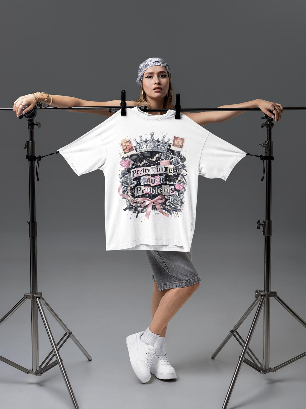 Pretty Things Cause Problems T-shirt | Crown, Roses, Pink Ribbon, Gothic Vintage