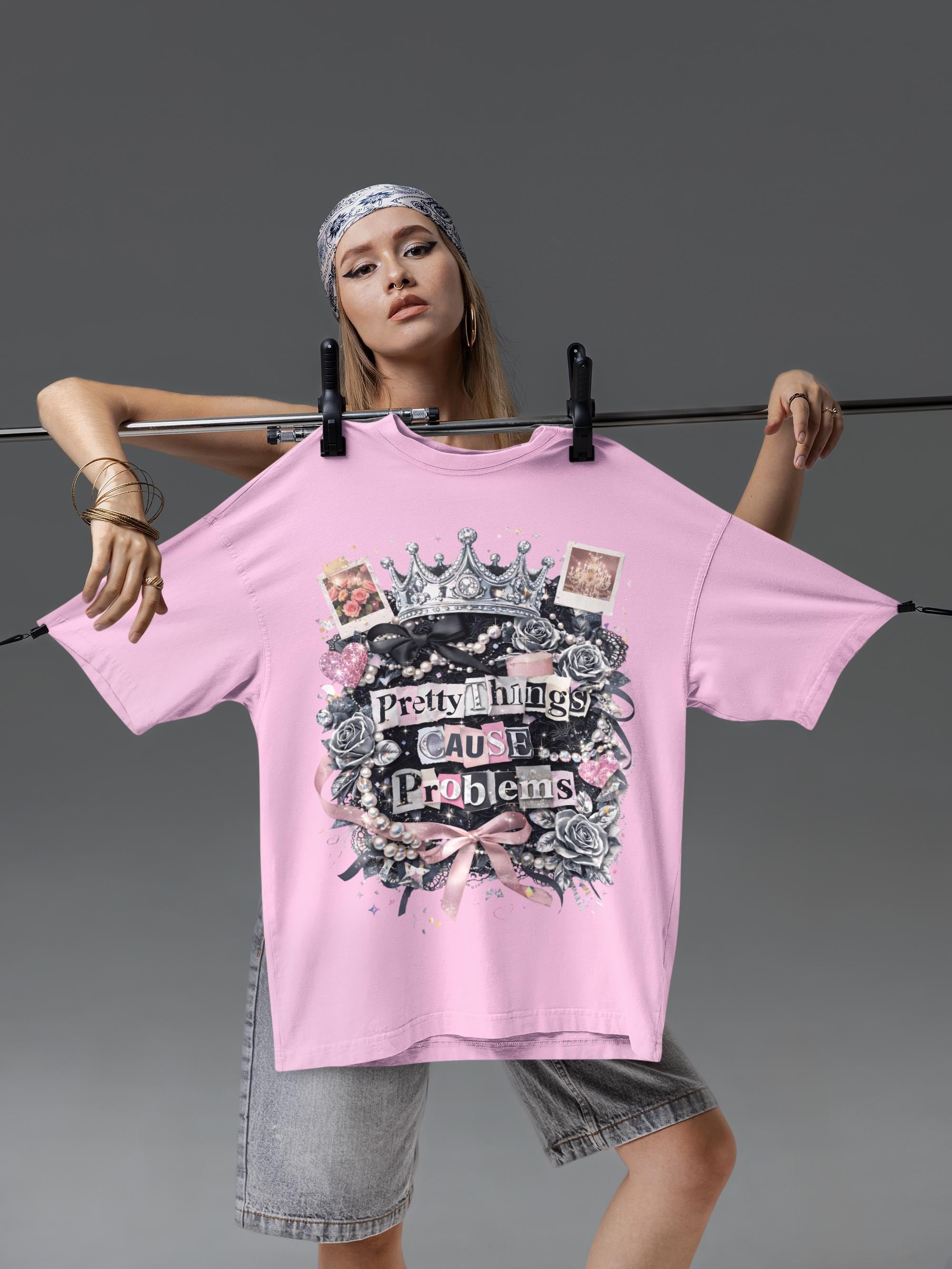Pretty Things Cause Problems T-shirt | Crown, Roses, Pink Ribbon, Gothic Vintage