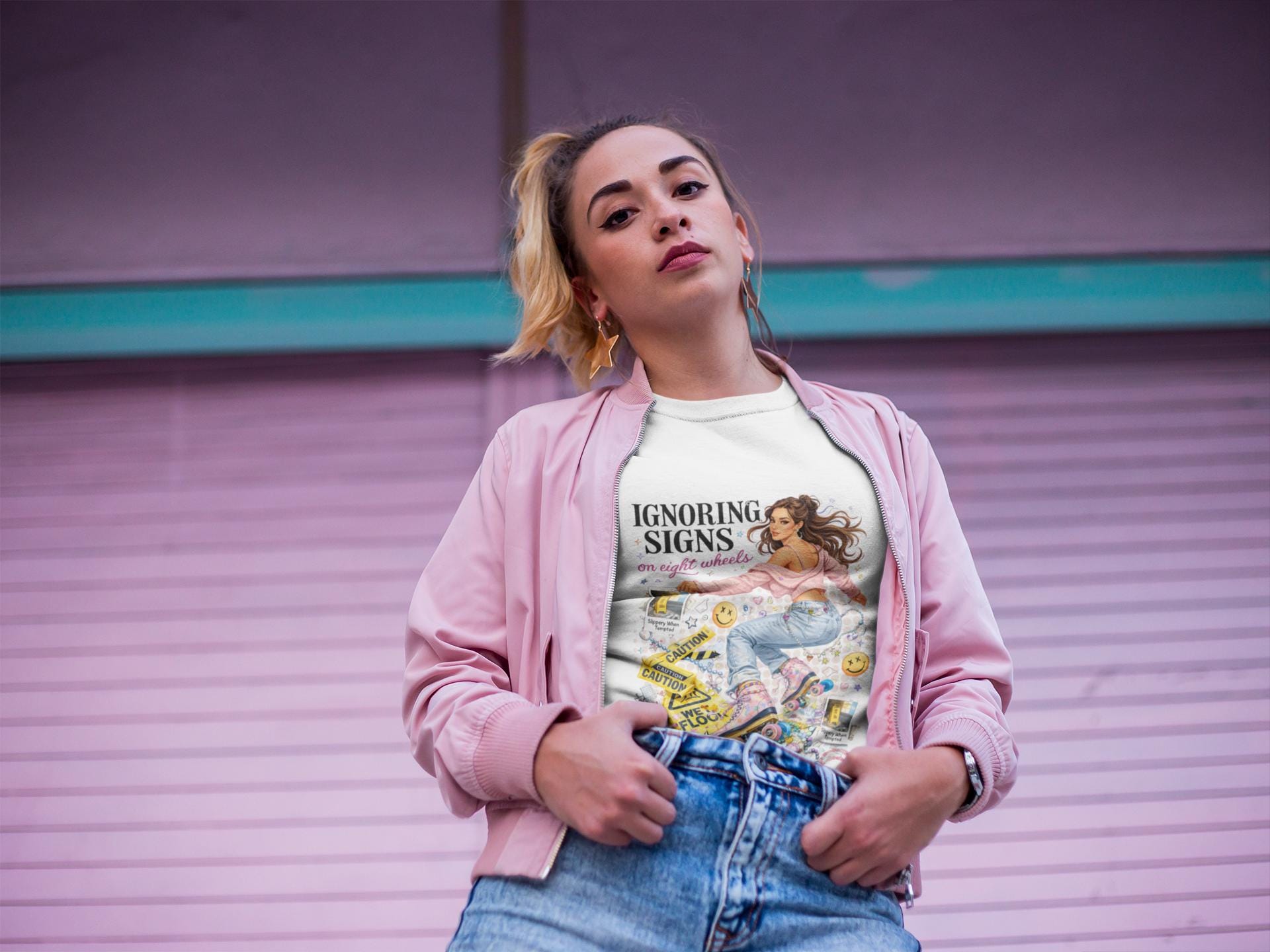 Ignoring Signs roller skate girl T-Shirt | retro skate collage, pastel graphics