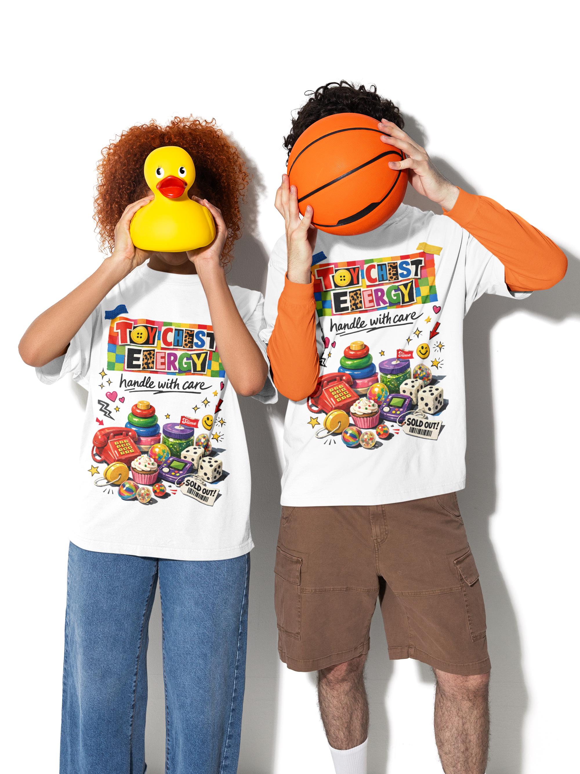 Toy Chest Energy T-shirt | colorful vintage toy stack graphic