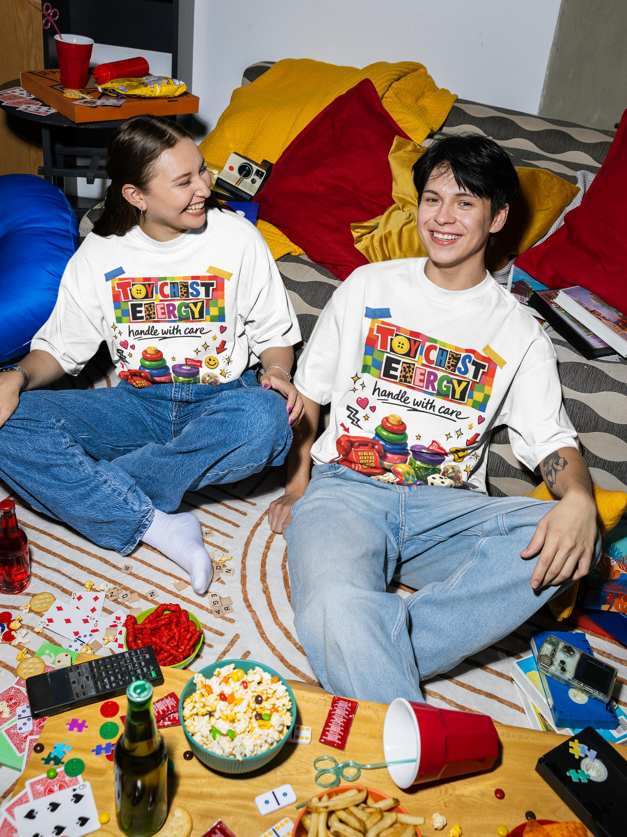 Toy Chest Energy T-shirt | colorful vintage toy stack graphic