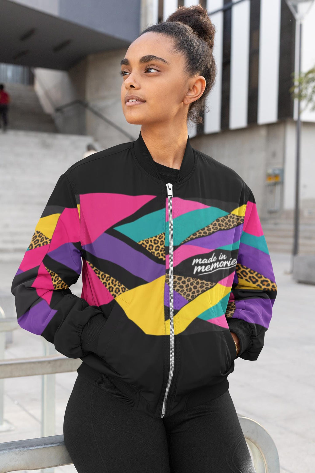 Colorblock Leopard Collage Retro 90s Geometric Bomber Jacket