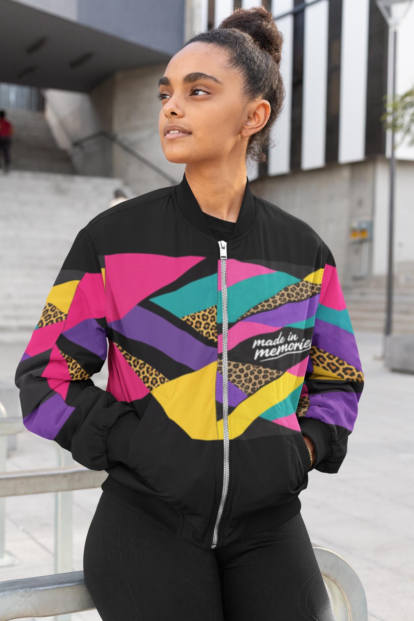 Colorblock Leopard Collage Retro 90s Geometric Bomber Jacket