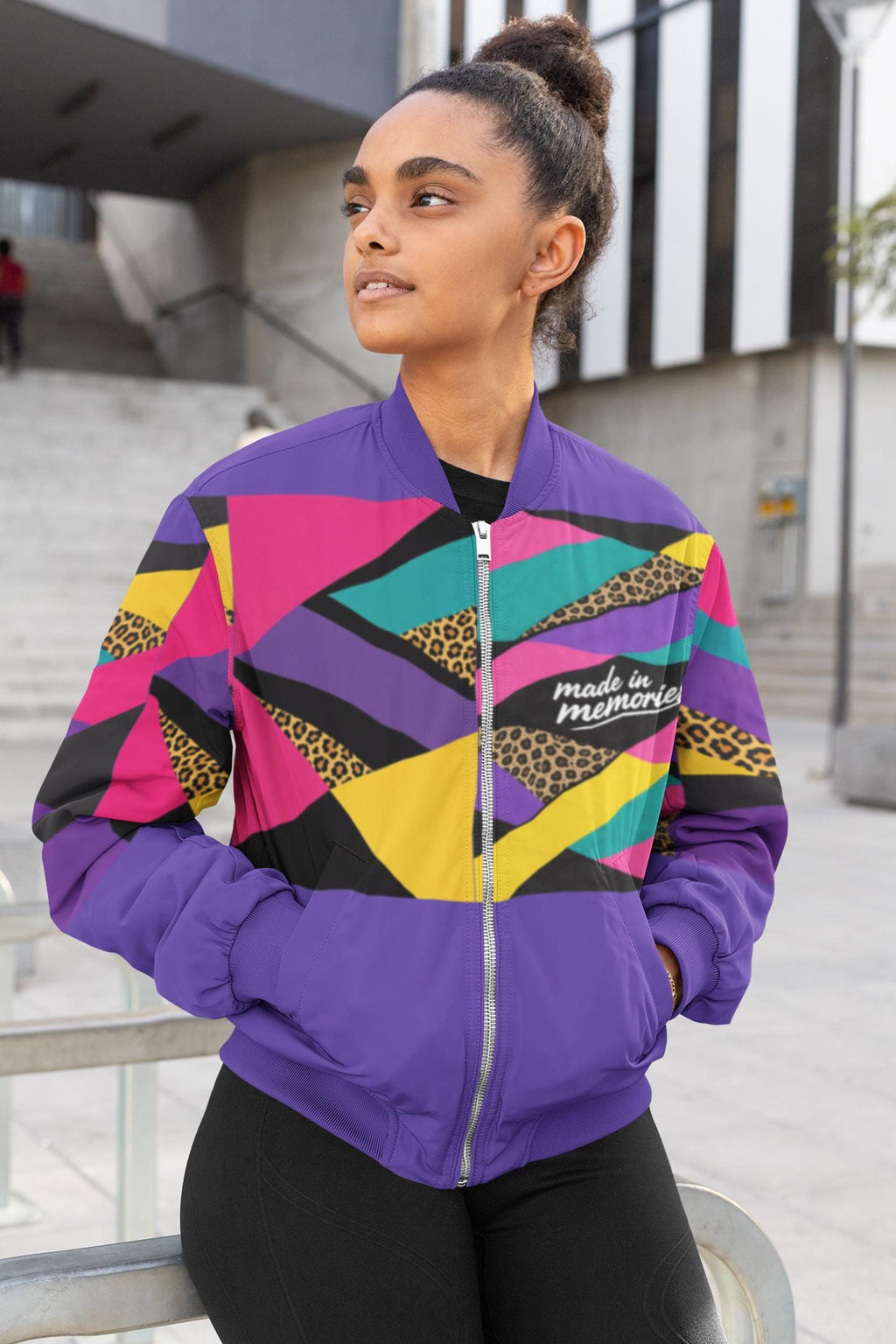 Colorblock Leopard Collage Retro 90s Geometric Bomber Jacket