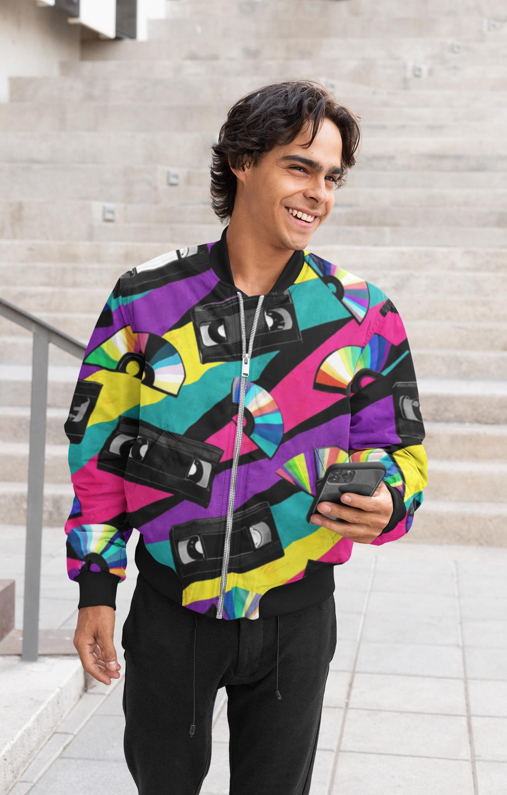 90s VHS Tape Colorblock Bomber Jacket