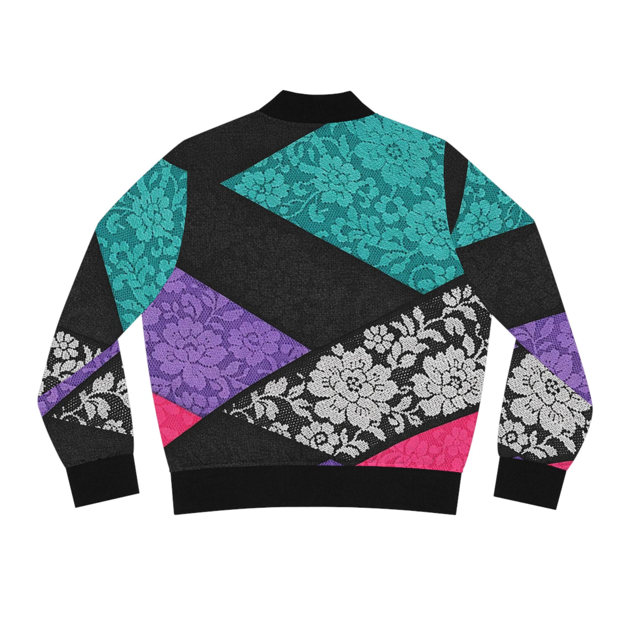 Retro Neon Memphis Pattern Bomber Jacket | Purple Teal Lightning Waves