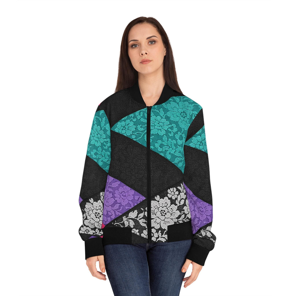 Retro Neon Memphis Pattern Bomber Jacket | Purple Teal Lightning Waves