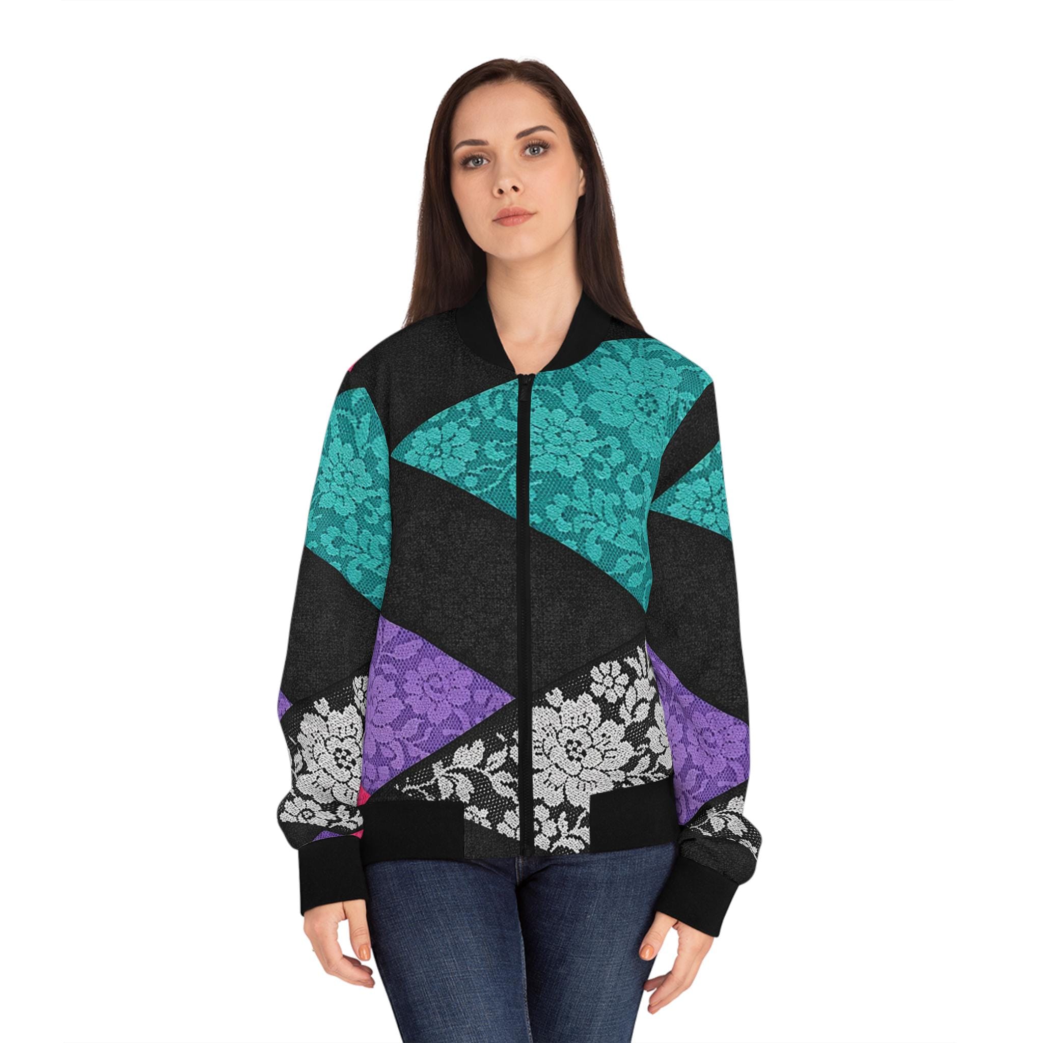 Retro Neon Memphis Pattern Bomber Jacket | Purple Teal Lightning Waves