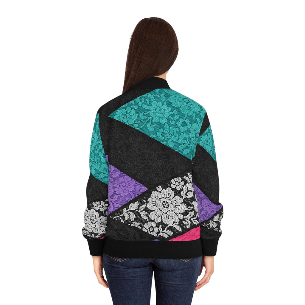 Retro Neon Memphis Pattern Bomber Jacket | Purple Teal Lightning Waves