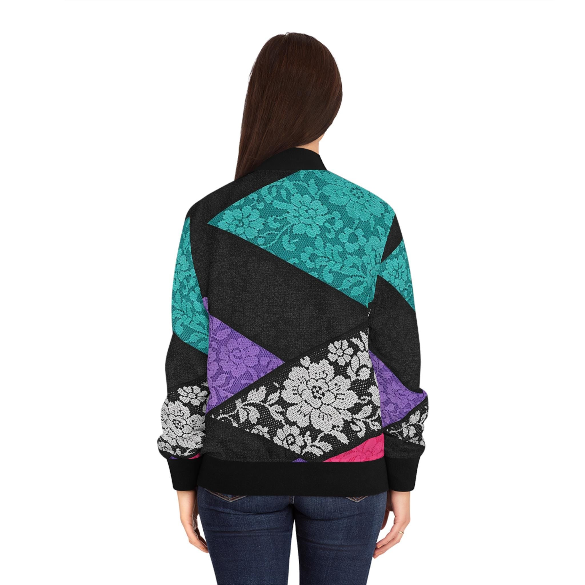 Retro Neon Memphis Pattern Bomber Jacket | Purple Teal Lightning Waves