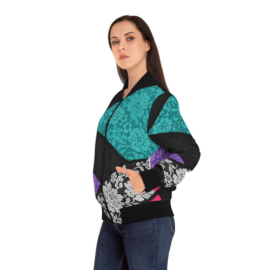 Retro Neon Memphis Pattern Bomber Jacket | Purple Teal Lightning Waves