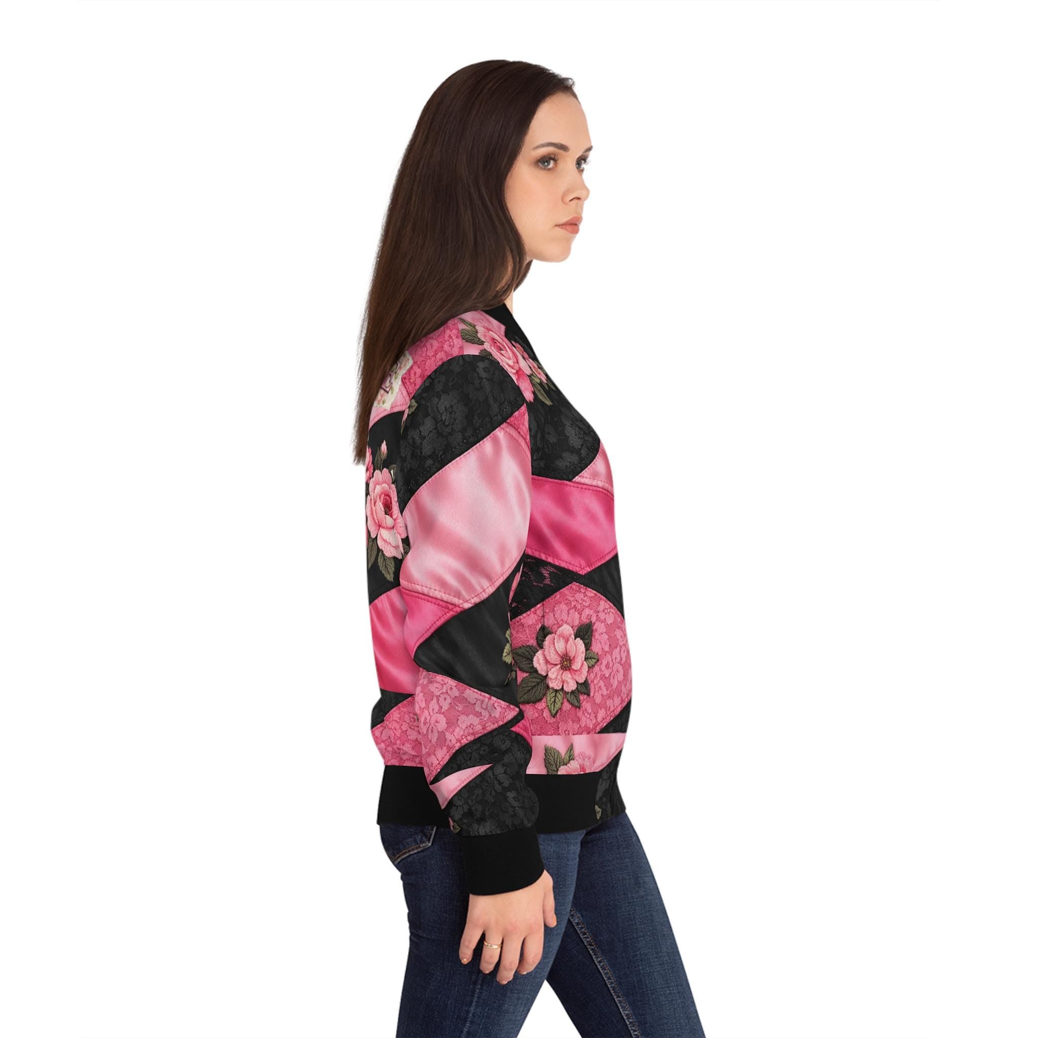 Pink Floral Color Block Bomber Jacket – Retro Silk-Style Windbreaker