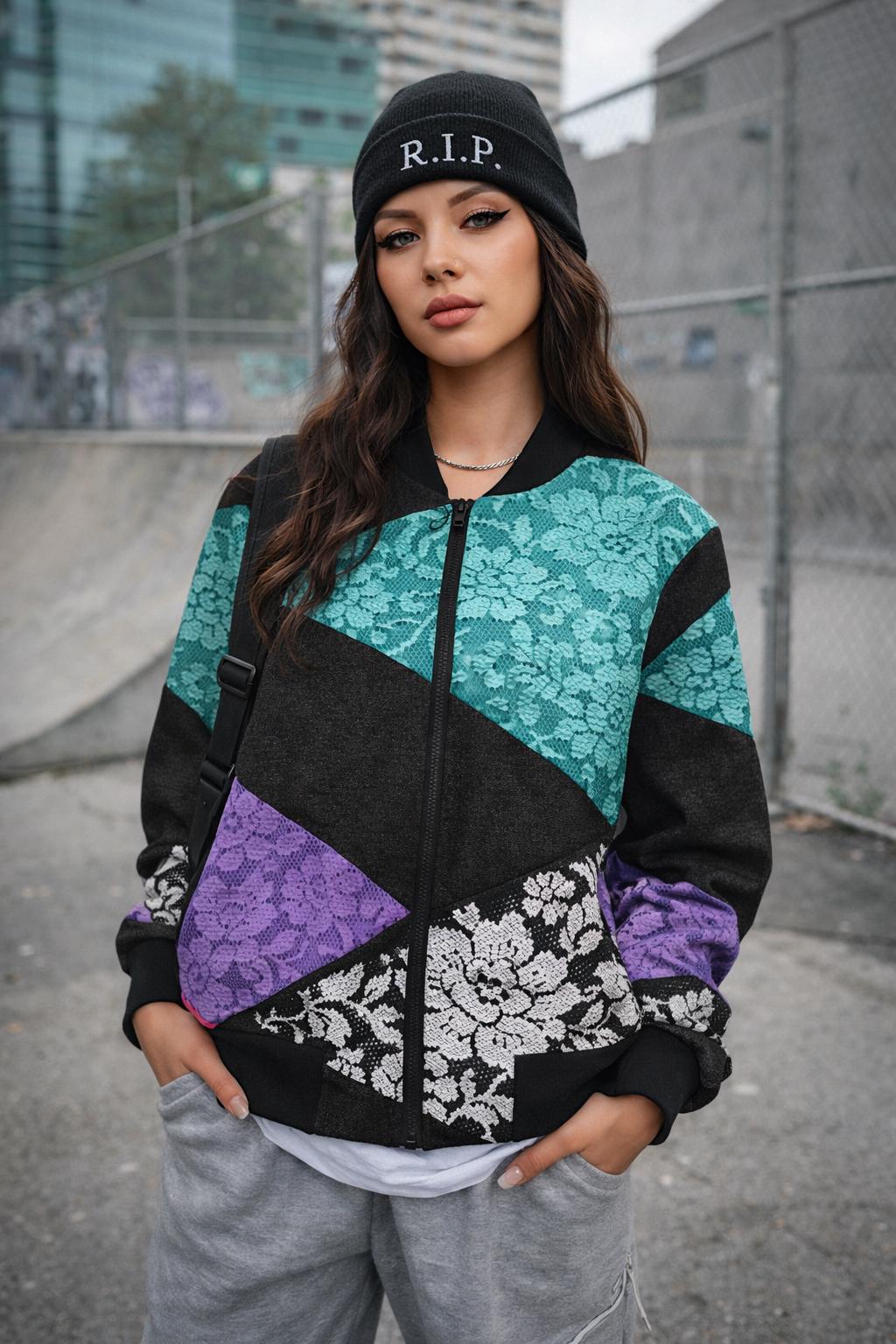 Retro Neon Memphis Pattern Bomber Jacket | Purple Teal Lightning Waves