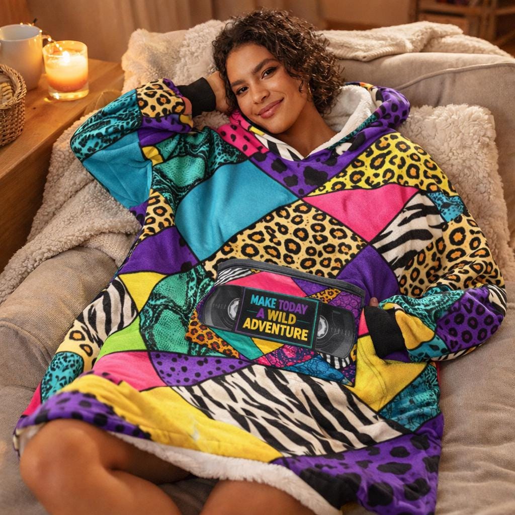 Y2K Patchwork Wearable Blanket, Sweatshirt, Retro Cozy Lounge Hoodie, Oversized Sherpa , 2000s Nostalgia Gift